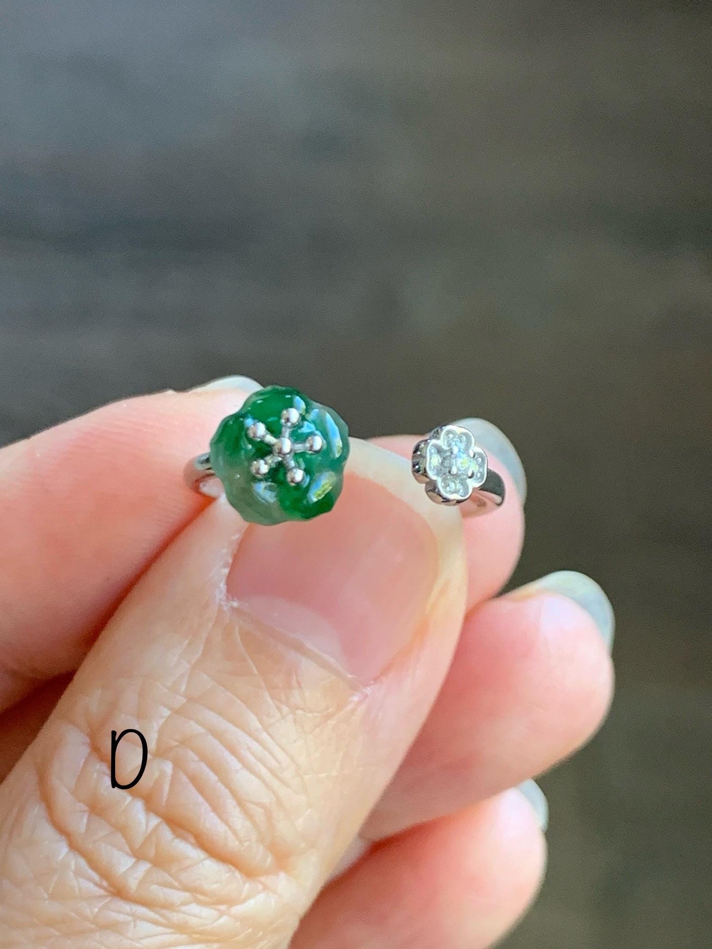 Natural Grade A Guatemalan Icy Highly Translucent Jade Jadeite Cherry Blossom Ring Sterling Silver Size Adjustable 天然高冰危翡翠梅花开口银镶戒指 GBW220