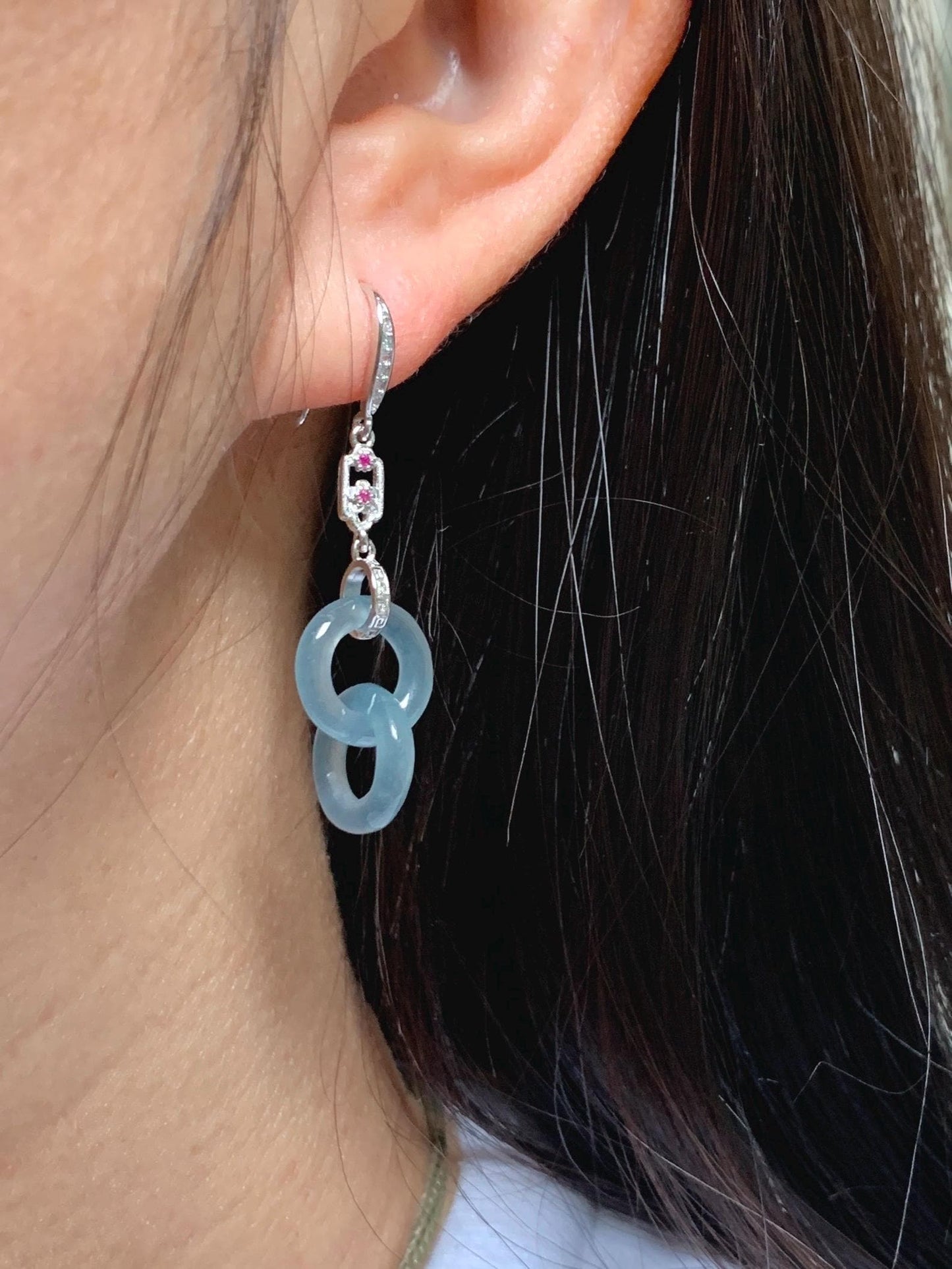 Natural Grade A Guatemalan Icy Translucent Dusty Blue Jade Jadeite Interlocking Rings Earrings Sterling Silver 天然冰危蓝翡翠环环相扣耳钩 WLH165