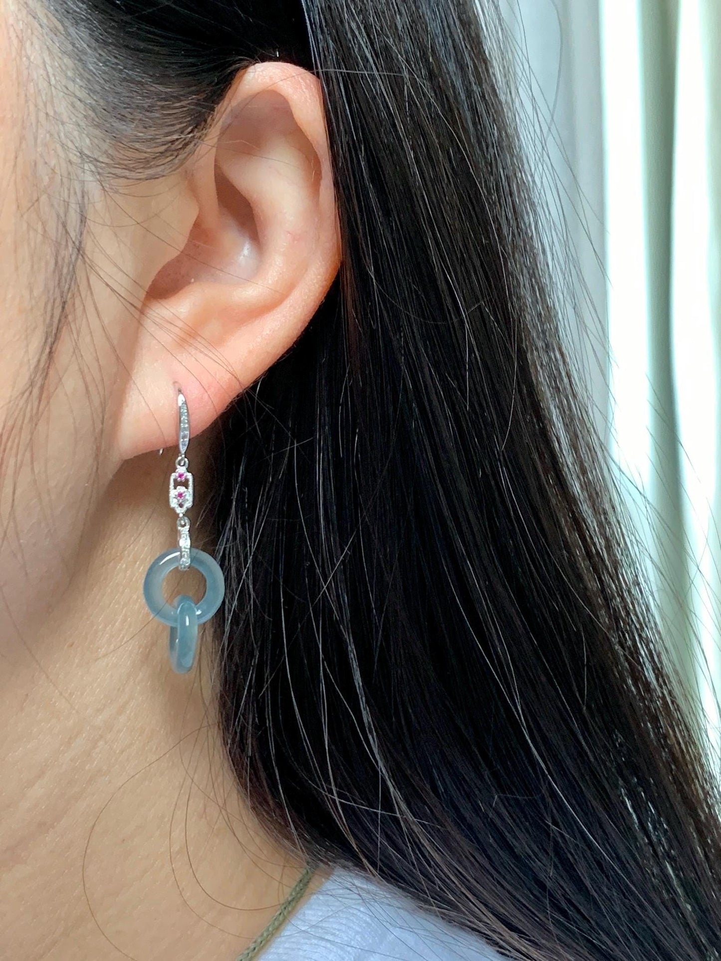 Natural Grade A Guatemalan Icy Translucent Dusty Blue Jade Jadeite Interlocking Rings Earrings Sterling Silver 天然冰危蓝翡翠环环相扣耳钩 WLH165