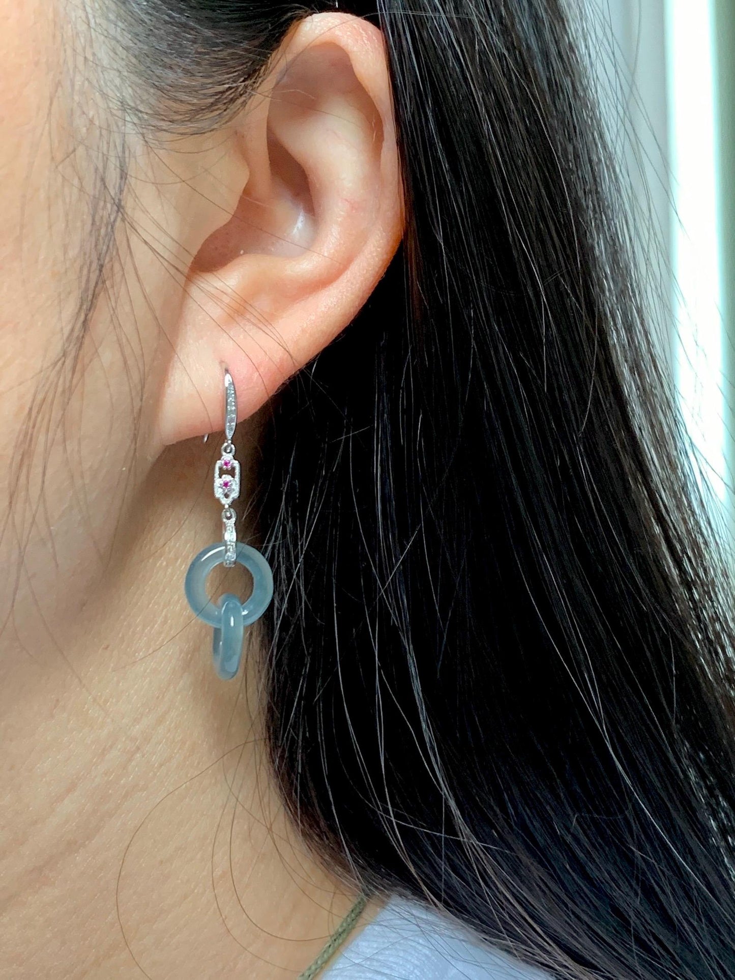 Natural Grade A Guatemalan Icy Translucent Dusty Blue Jade Jadeite Interlocking Rings Earrings Sterling Silver 天然冰危蓝翡翠环环相扣耳钩 WLH165