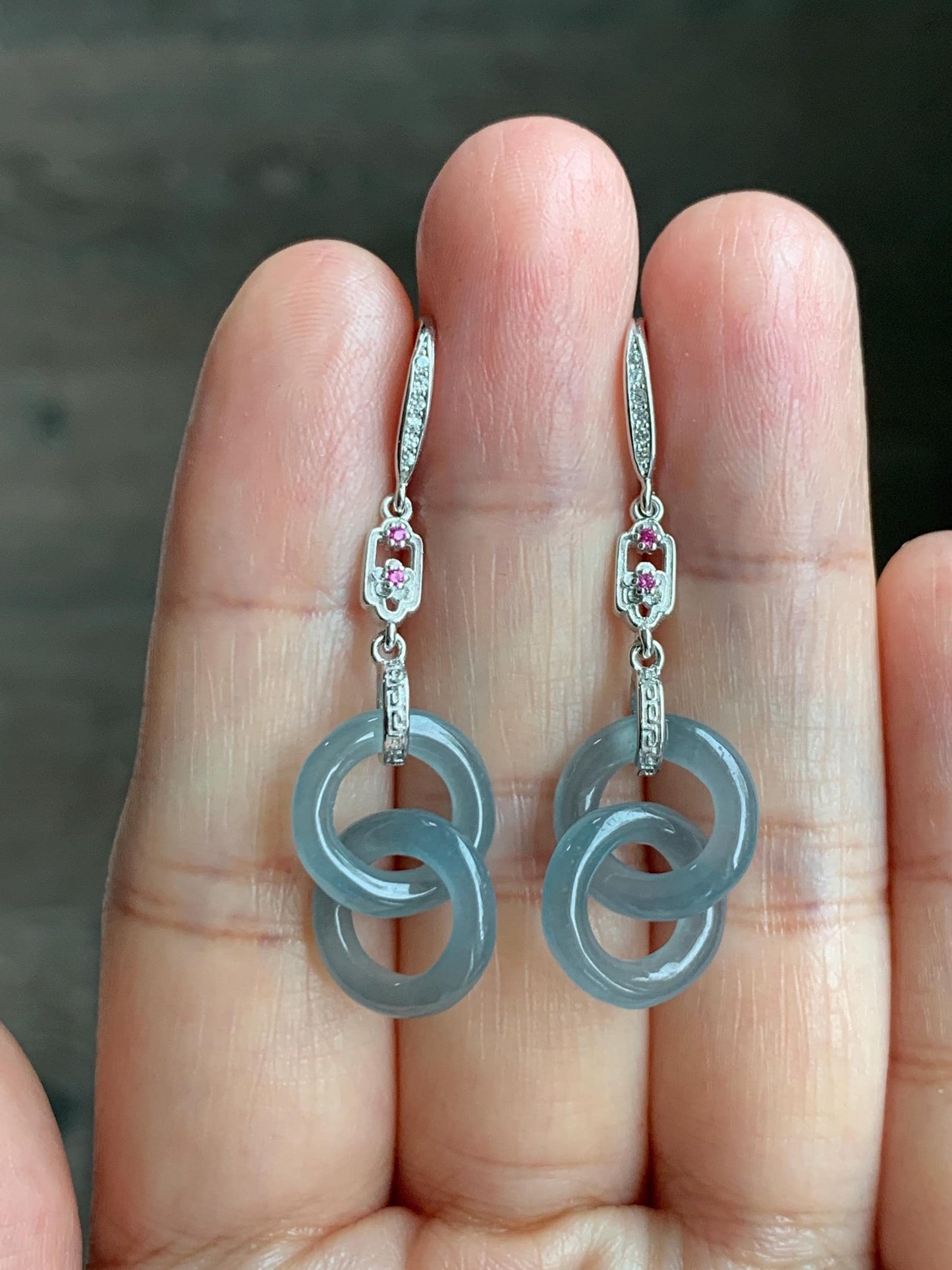 Natural Grade A Guatemalan Icy Translucent Dusty Blue Jade Jadeite Interlocking Rings Earrings Sterling Silver 天然冰危蓝翡翠环环相扣耳钩 WLH165