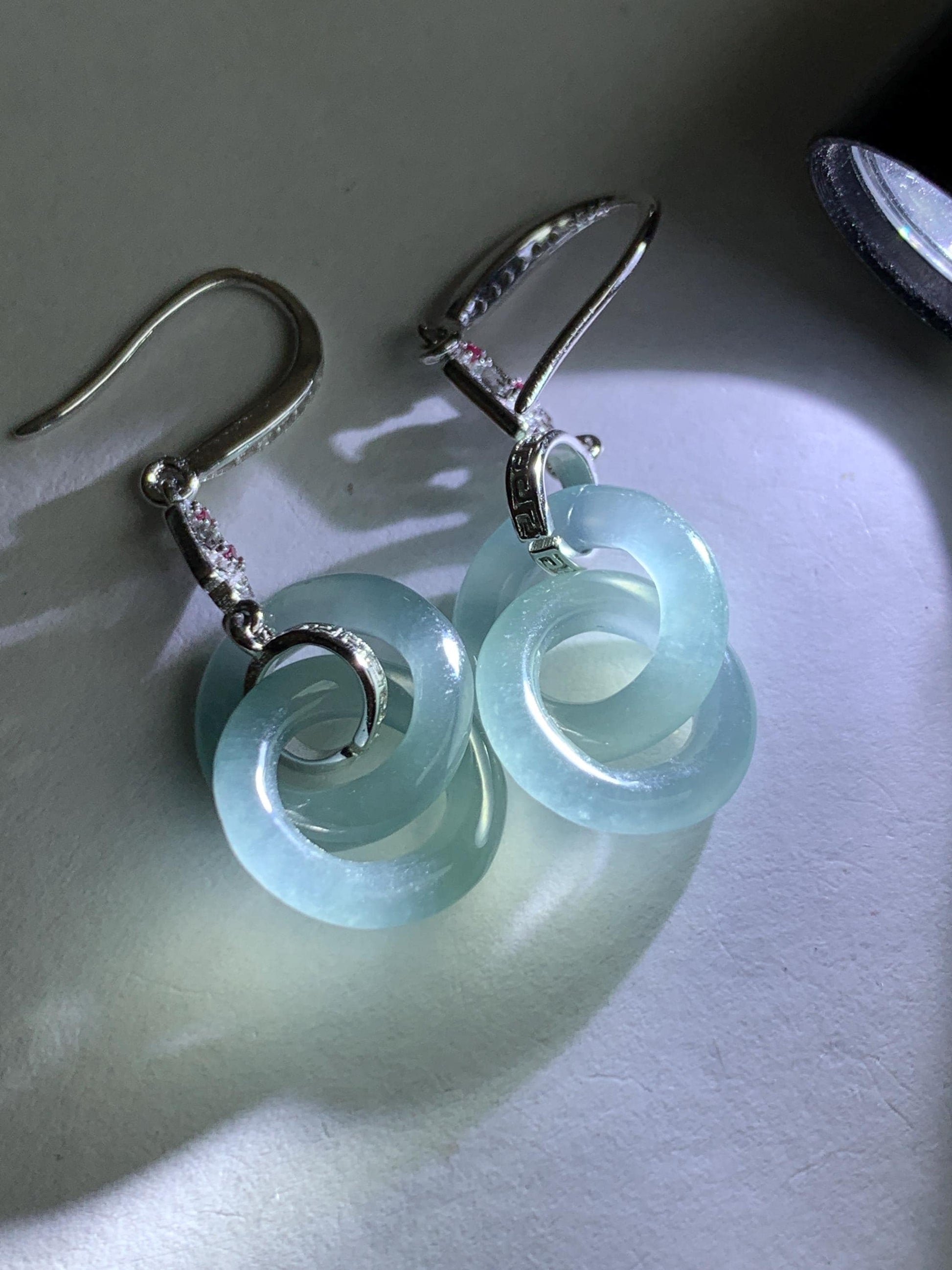 Natural Grade A Guatemalan Icy Translucent Dusty Blue Jade Jadeite Interlocking Rings Earrings Sterling Silver 天然冰危蓝翡翠环环相扣耳钩 WLH165