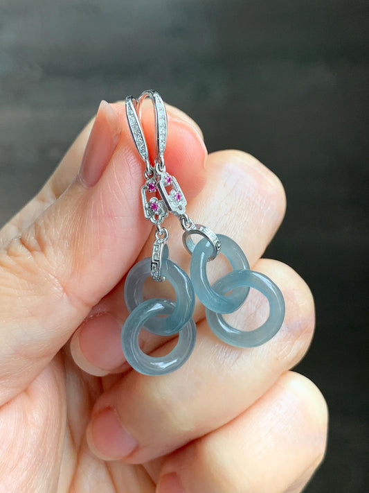 Natural Grade A Guatemalan Icy Translucent Dusty Blue Jade Jadeite Interlocking Rings Earrings Sterling Silver 天然冰危蓝翡翠环环相扣耳钩 WLH165