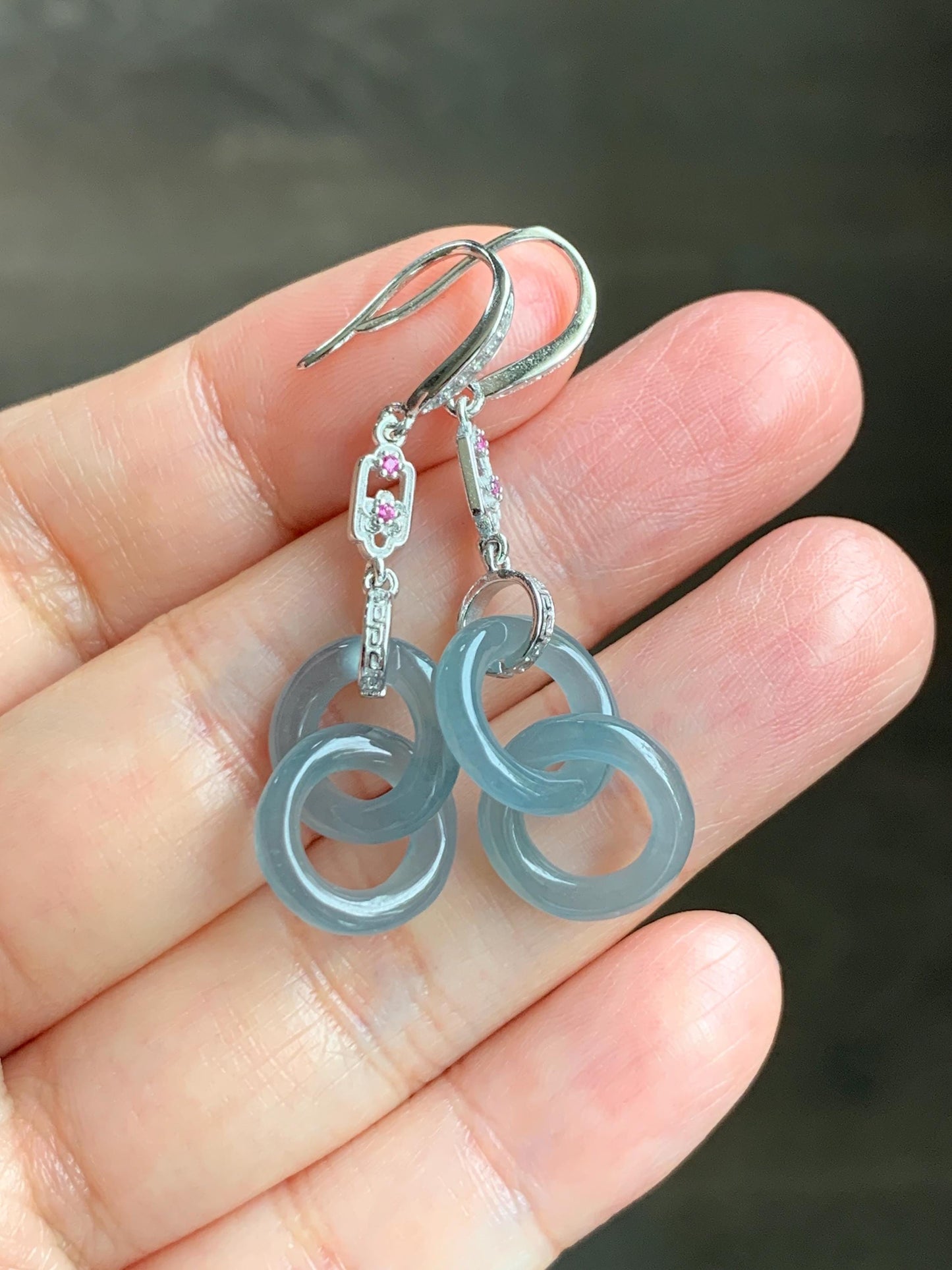 Natural Grade A Guatemalan Icy Translucent Dusty Blue Jade Jadeite Interlocking Rings Earrings Sterling Silver 天然冰危蓝翡翠环环相扣耳钩 WLH165