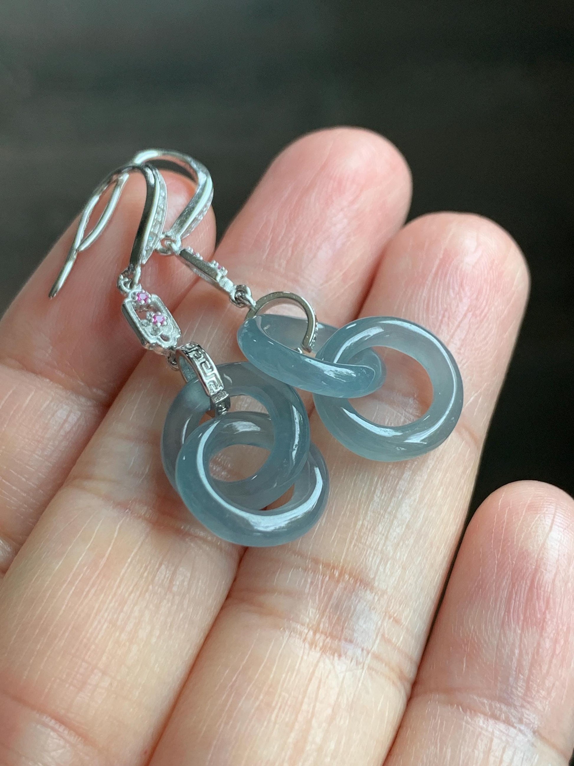 Natural Grade A Guatemalan Icy Translucent Dusty Blue Jade Jadeite Interlocking Rings Earrings Sterling Silver 天然冰危蓝翡翠环环相扣耳钩 WLH165