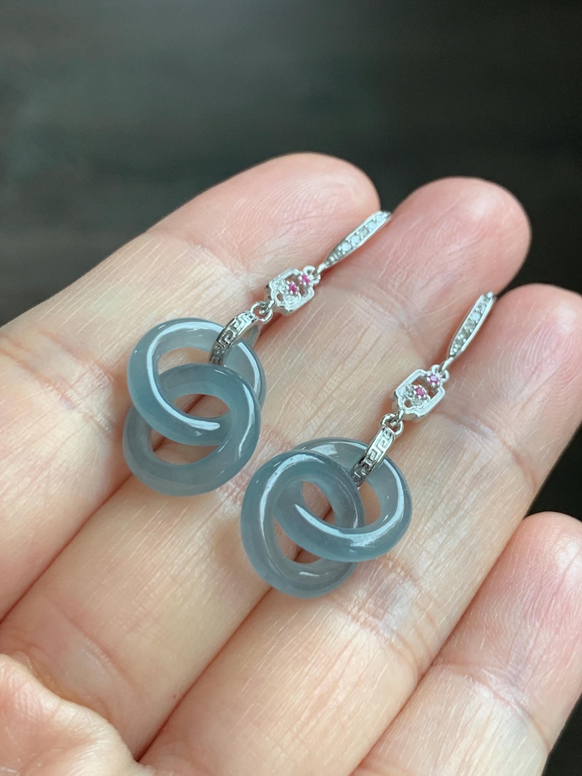 Natural Grade A Guatemalan Icy Translucent Dusty Blue Jade Jadeite Interlocking Rings Earrings Sterling Silver 天然冰危蓝翡翠环环相扣耳钩 WLH165