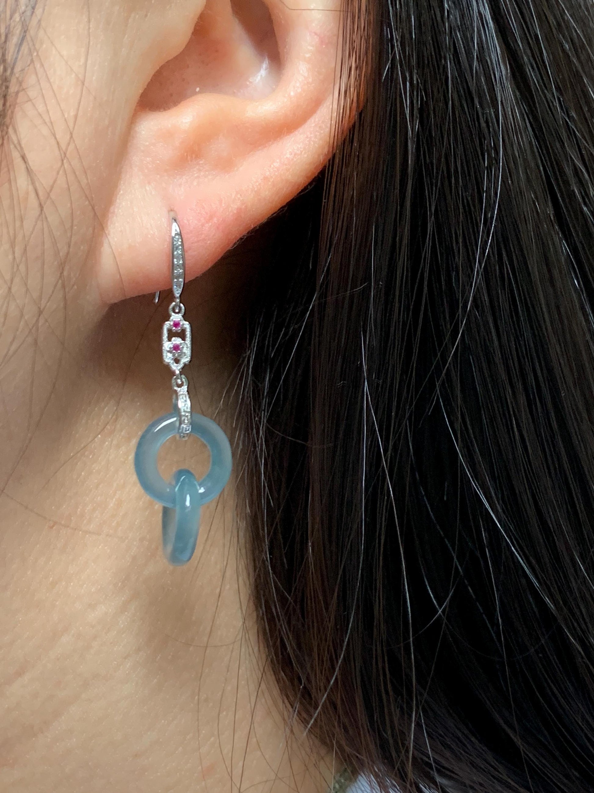 Natural Grade A Guatemalan Icy Translucent Dusty Blue Jade Jadeite Interlocking Rings Earrings Sterling Silver 天然冰危蓝翡翠环环相扣耳钩 WLH165