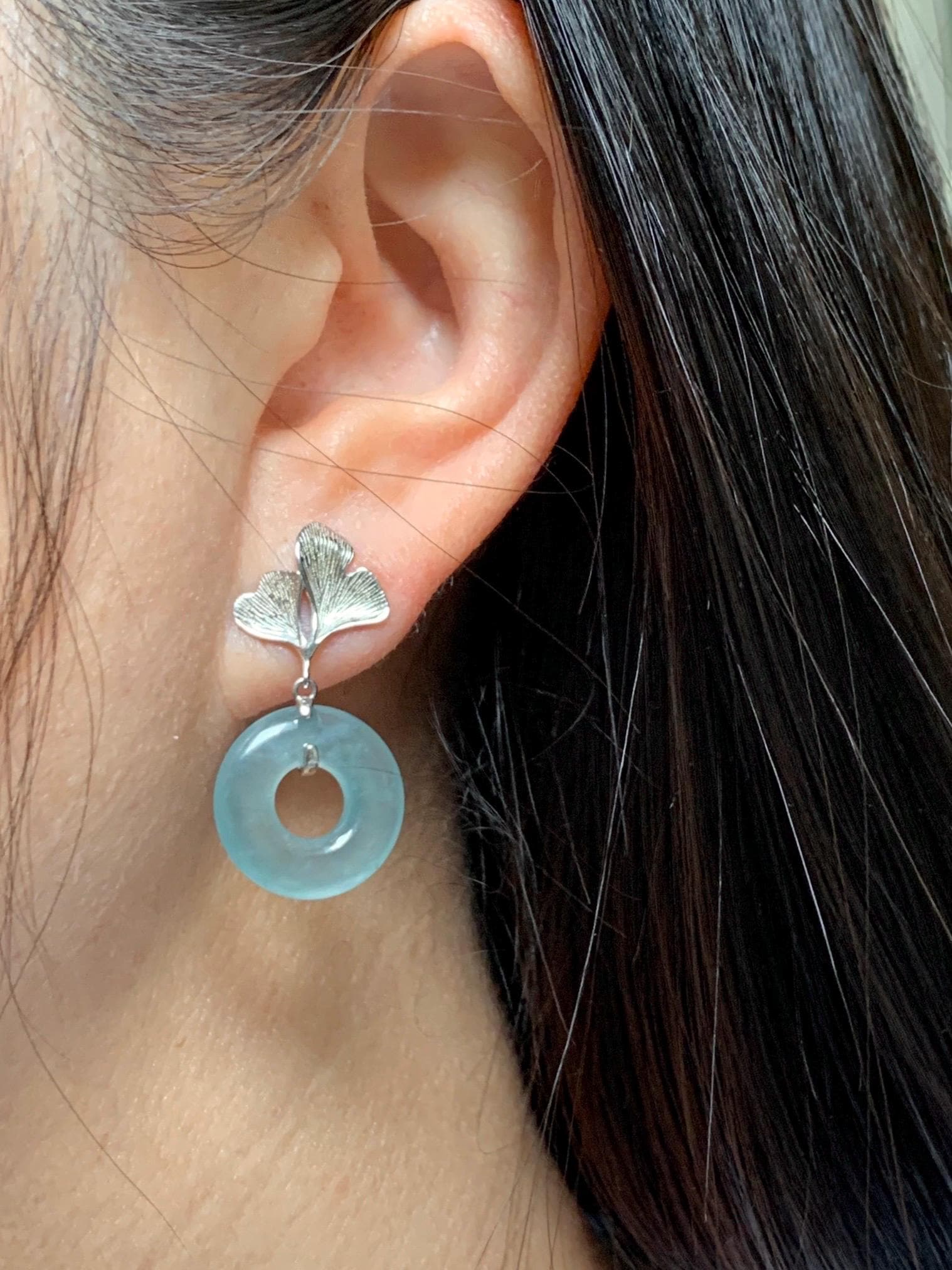 Natural Type A Guatemalan Icy Translucent Light Green Jadeite Ping An Kou Donut Ginkgo Leaf Earrings Sterling Silver 天然冰危浅绿翡翠平安扣银杏叶耳钉QLYX110