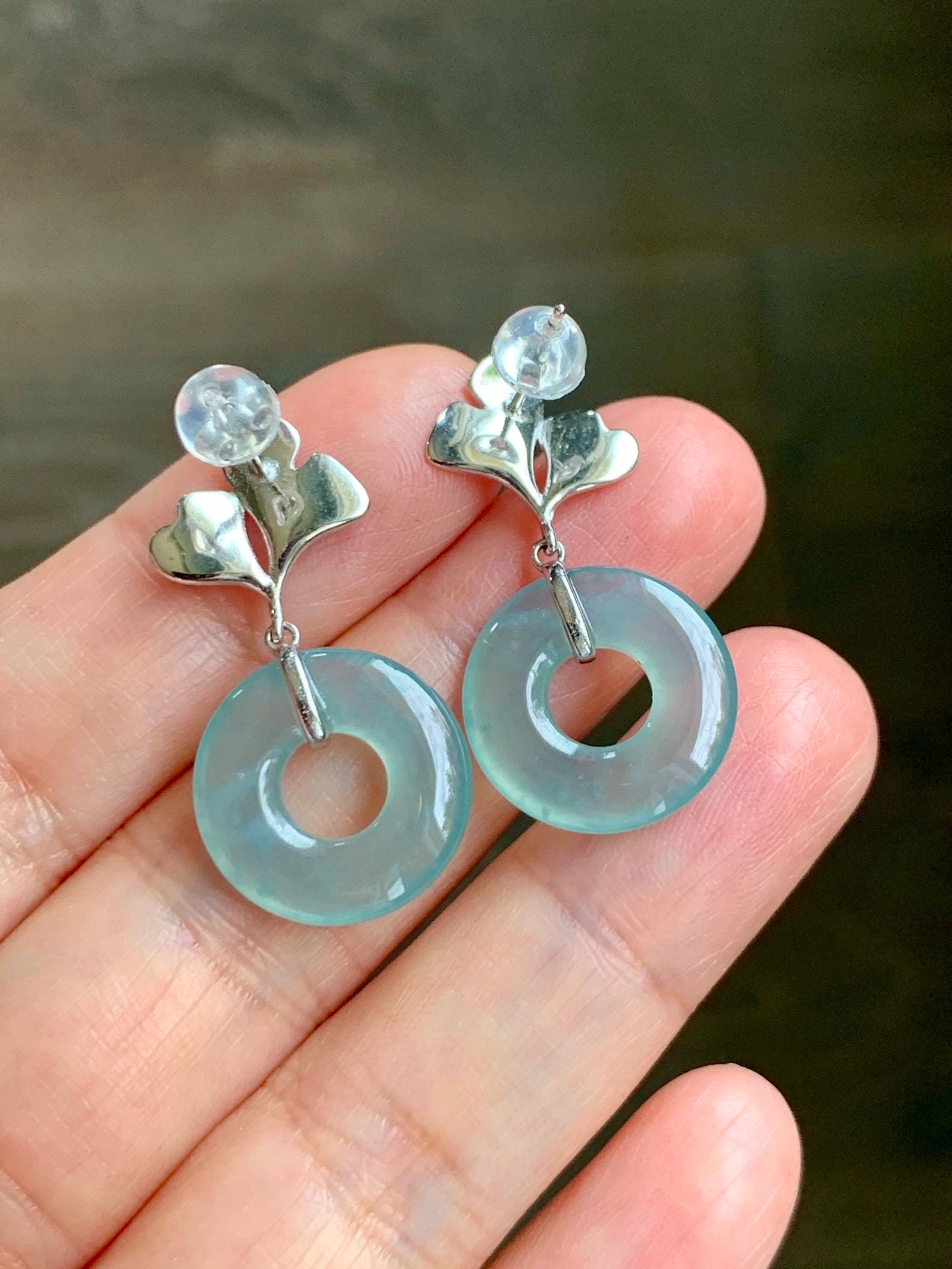 Natural Type A Guatemalan Icy Translucent Light Green Jadeite Ping An Kou Donut Ginkgo Leaf Earrings Sterling Silver 天然冰危浅绿翡翠平安扣银杏叶耳钉QLYX110