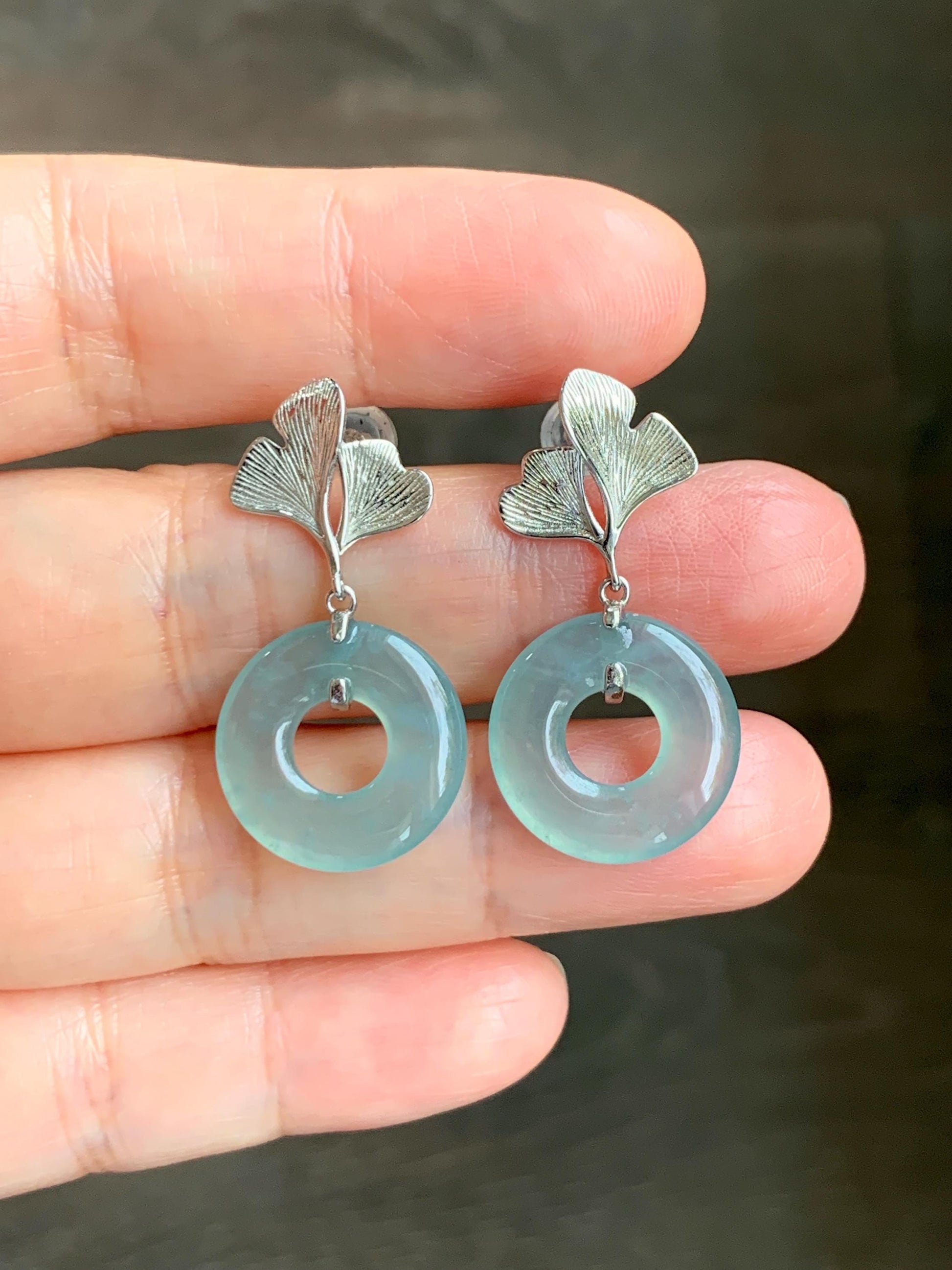 Natural Type A Guatemalan Icy Translucent Light Green Jadeite Ping An Kou Donut Ginkgo Leaf Earrings Sterling Silver 天然冰危浅绿翡翠平安扣银杏叶耳钉QLYX110