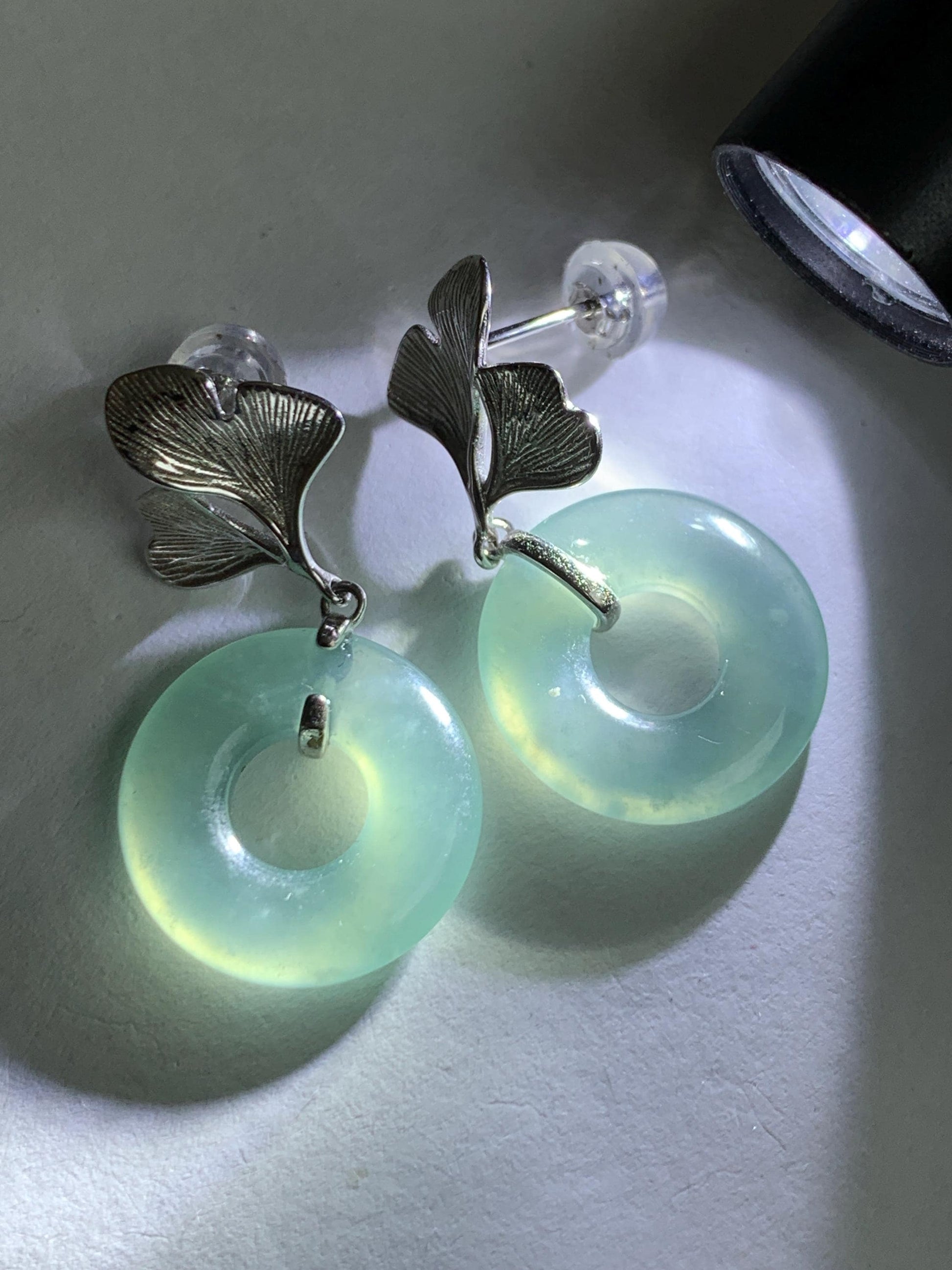 Natural Type A Guatemalan Icy Translucent Light Green Jadeite Ping An Kou Donut Ginkgo Leaf Earrings Sterling Silver 天然冰危浅绿翡翠平安扣银杏叶耳钉QLYX110