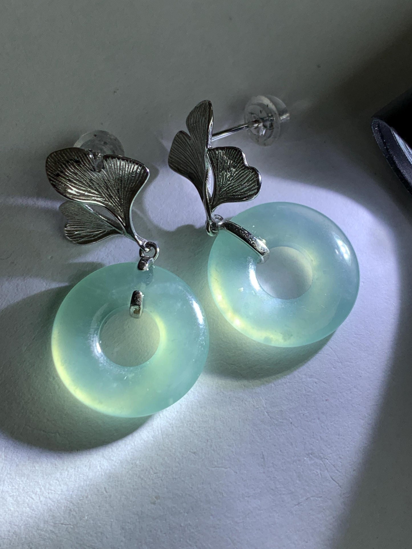Natural Type A Guatemalan Icy Translucent Light Green Jadeite Ping An Kou Donut Ginkgo Leaf Earrings Sterling Silver 天然冰危浅绿翡翠平安扣银杏叶耳钉QLYX110