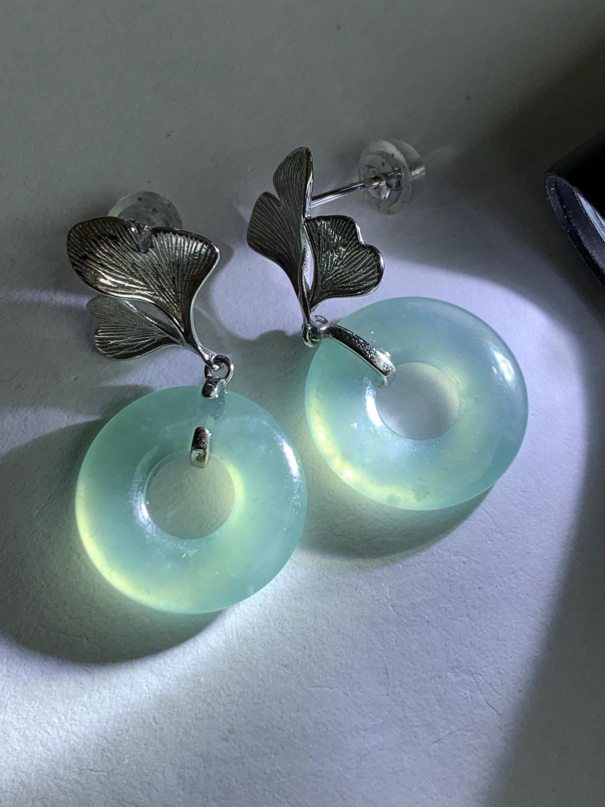 Natural Type A Guatemalan Icy Translucent Light Green Jadeite Ping An Kou Donut Ginkgo Leaf Earrings Sterling Silver 天然冰危浅绿翡翠平安扣银杏叶耳钉QLYX110