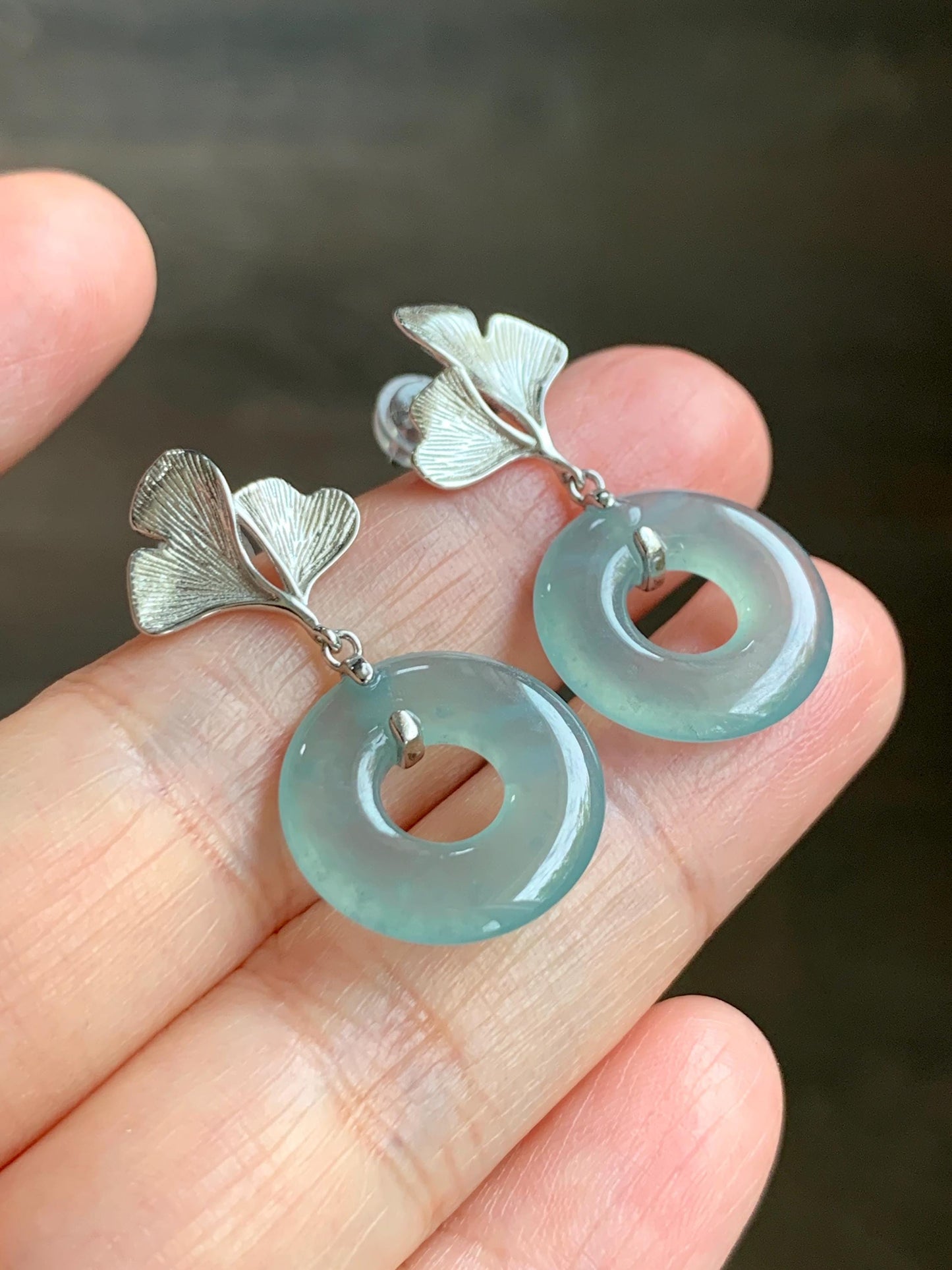 Natural Type A Guatemalan Icy Translucent Light Green Jadeite Ping An Kou Donut Ginkgo Leaf Earrings Sterling Silver 天然冰危浅绿翡翠平安扣银杏叶耳钉QLYX110
