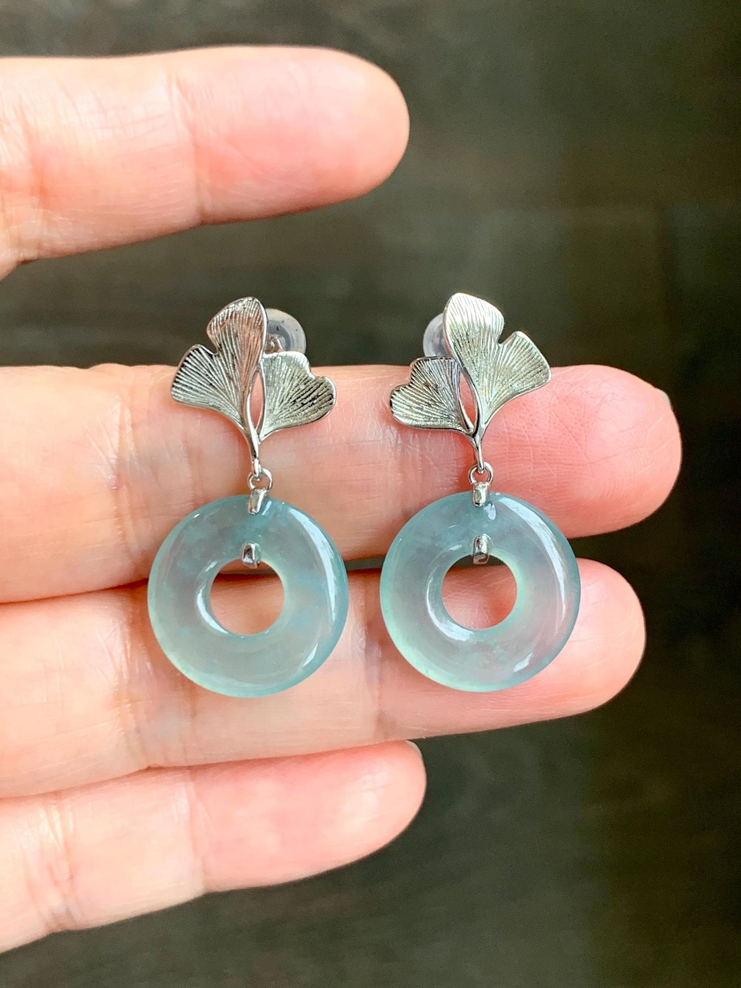 Natural Type A Guatemalan Icy Translucent Light Green Jadeite Ping An Kou Donut Ginkgo Leaf Earrings Sterling Silver 天然冰危浅绿翡翠平安扣银杏叶耳钉QLYX110
