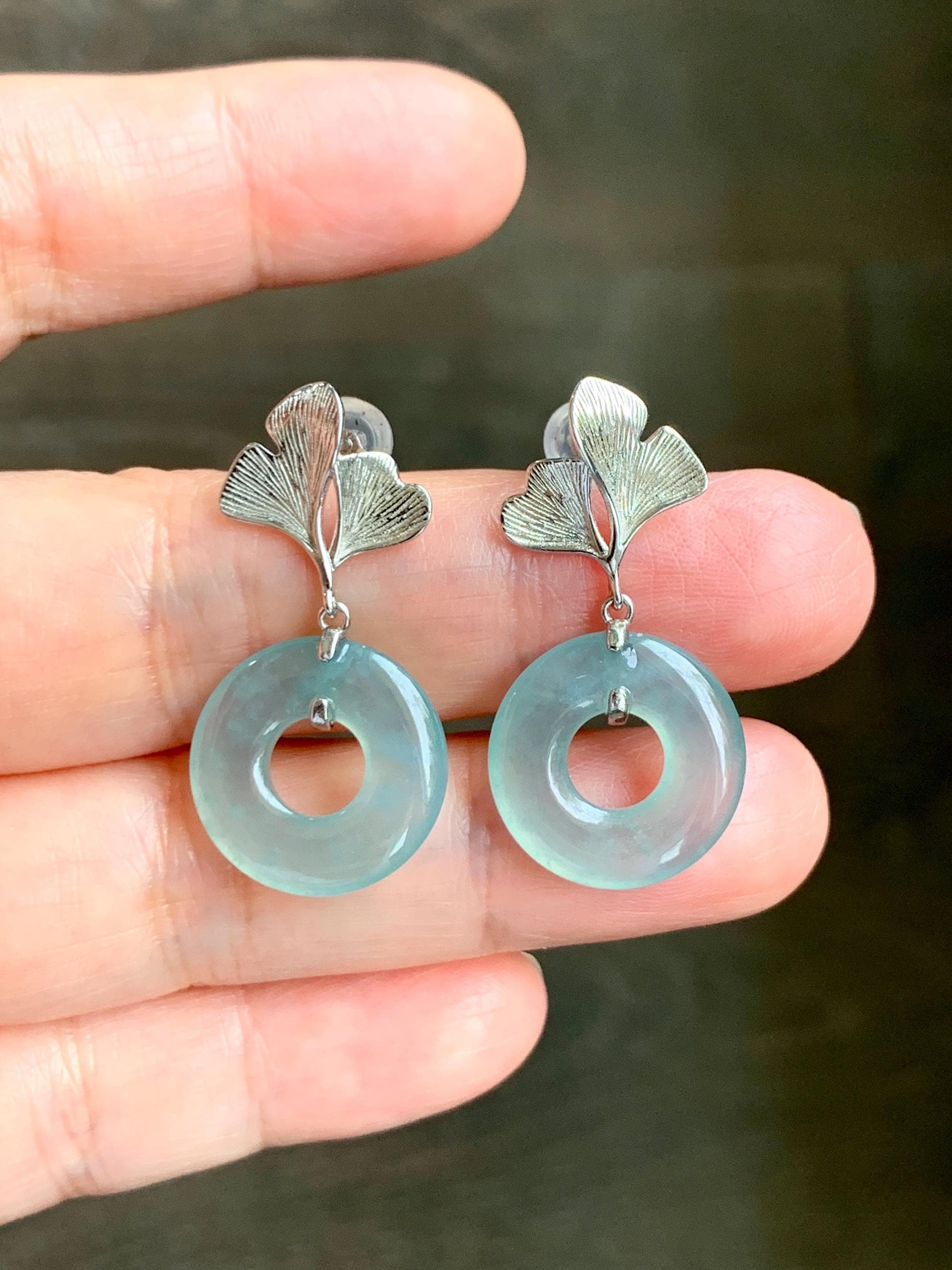 Natural Type A Guatemalan Icy Translucent Light Green Jadeite Ping An Kou Donut Ginkgo Leaf Earrings Sterling Silver 天然冰危浅绿翡翠平安扣银杏叶耳钉QLYX110