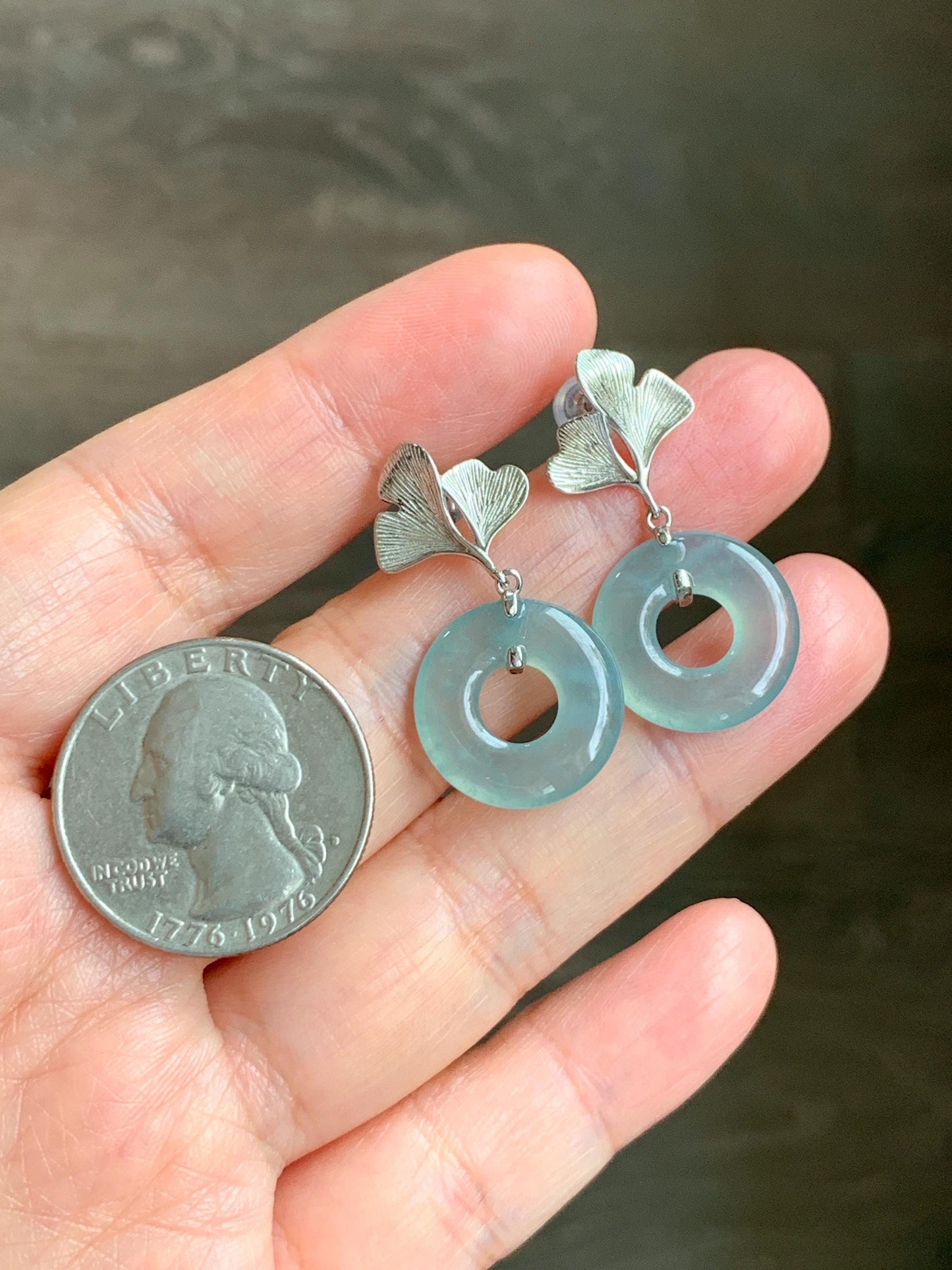 Natural Type A Guatemalan Icy Translucent Light Green Jadeite Ping An Kou Donut Ginkgo Leaf Earrings Sterling Silver 天然冰危浅绿翡翠平安扣银杏叶耳钉QLYX110