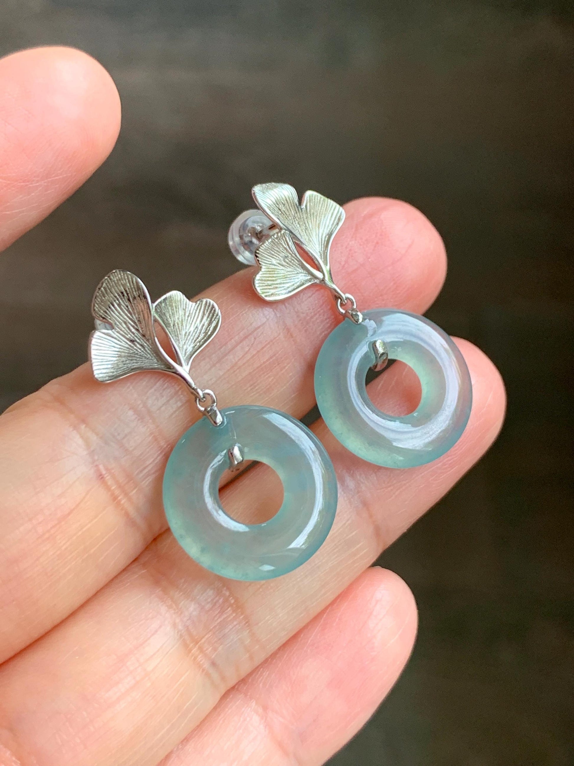 Natural Type A Guatemalan Icy Translucent Light Green Jadeite Ping An Kou Donut Ginkgo Leaf Earrings Sterling Silver 天然冰危浅绿翡翠平安扣银杏叶耳钉QLYX110