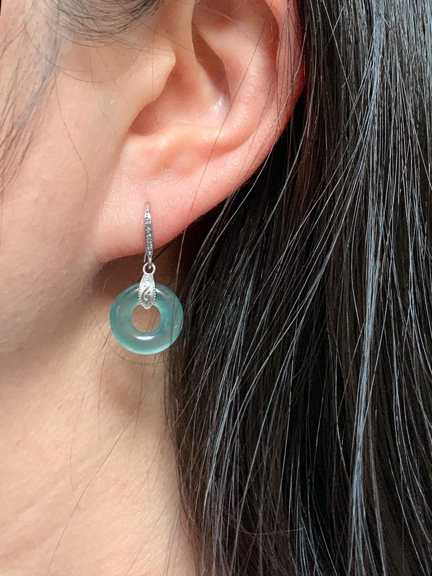 Natural Grade A Guatemalan Icy Translucent Teal Green Jade Jadeite Ping An Kou Donut Dangle Earrings Sterling Silver 天然冰危深蓝绿翡翠平安扣耳钩 WLL88