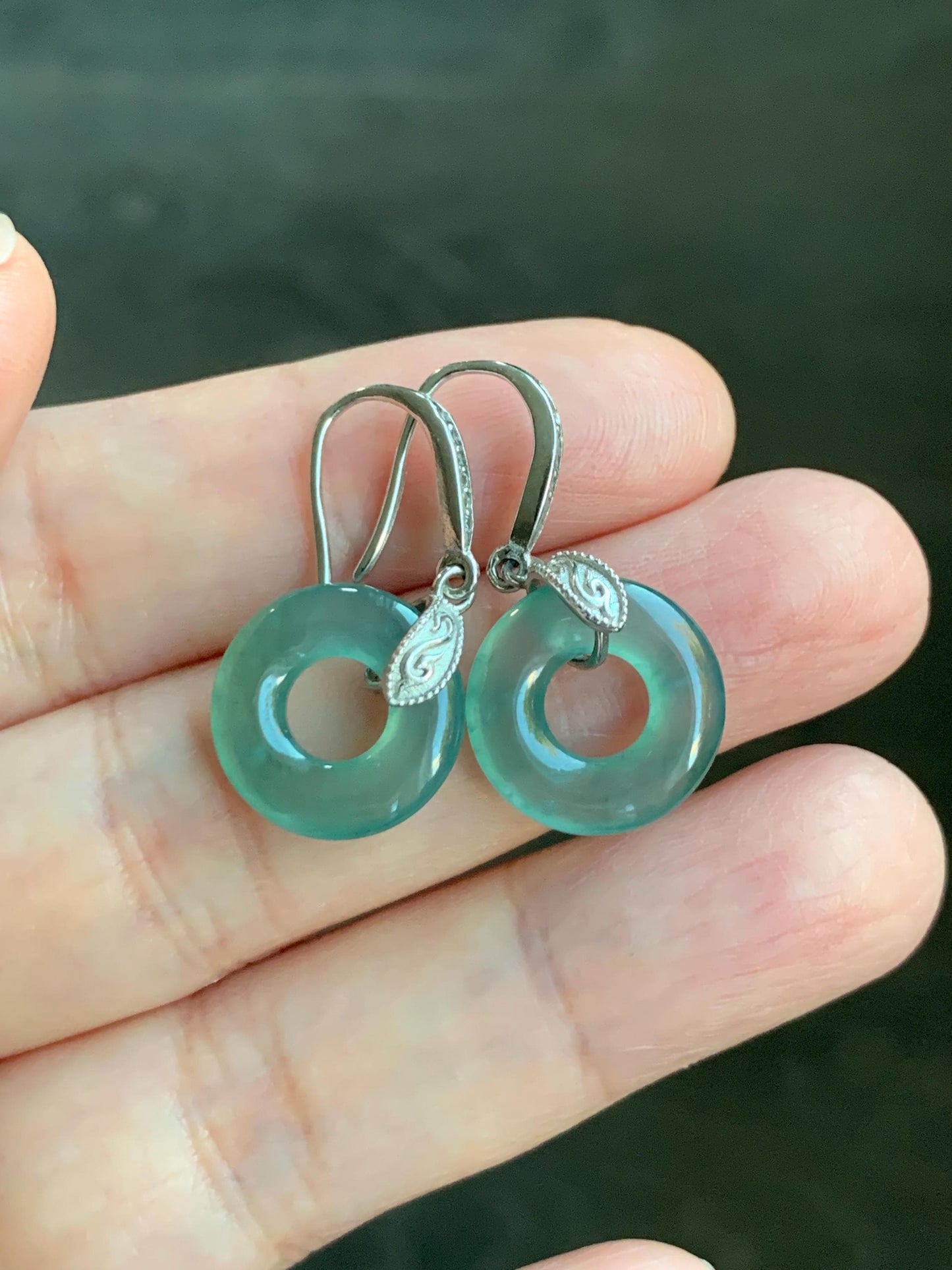 Natural Grade A Guatemalan Icy Translucent Teal Green Jade Jadeite Ping An Kou Donut Dangle Earrings Sterling Silver 天然冰危深蓝绿翡翠平安扣耳钩 WLL88