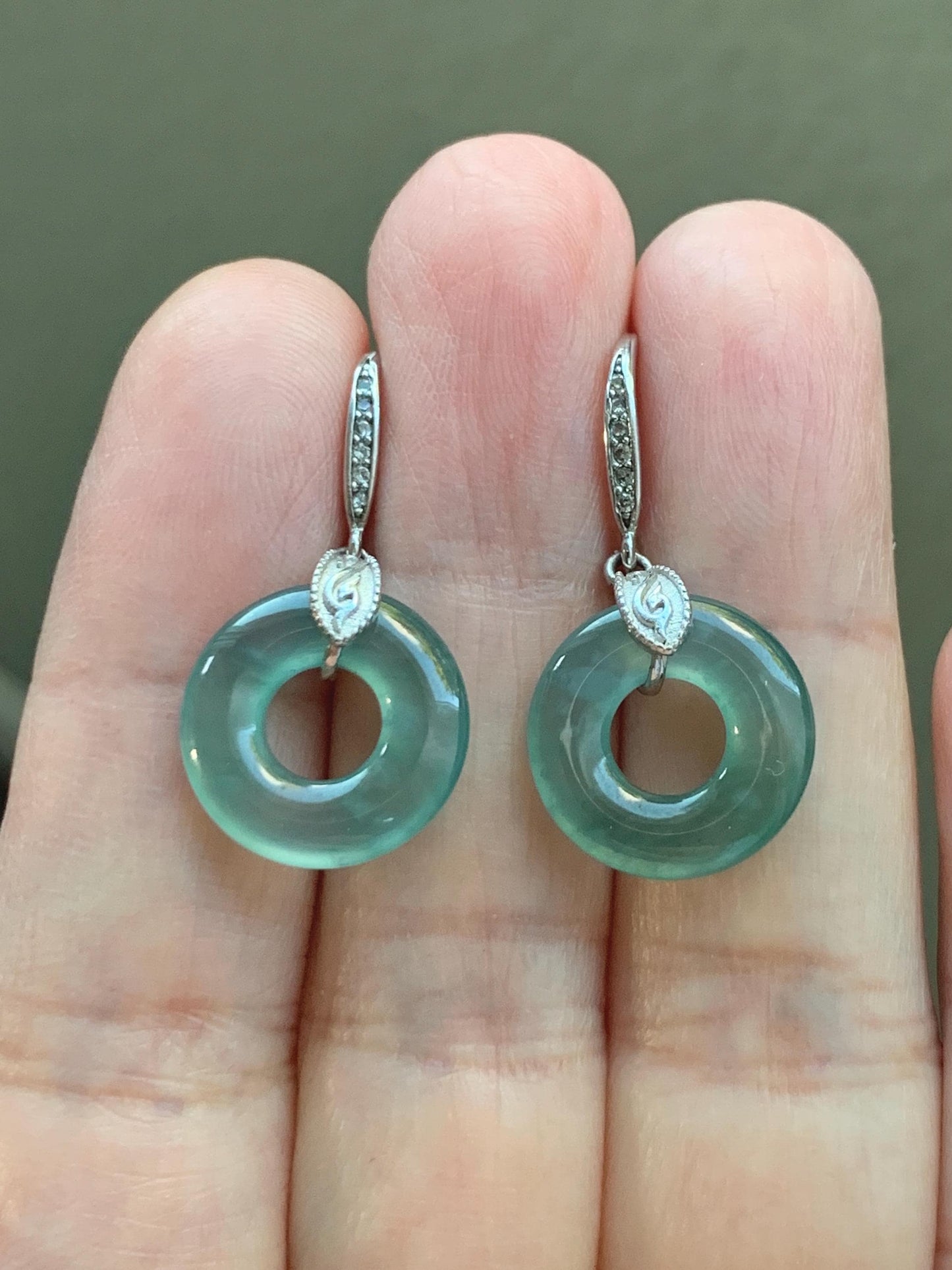 Natural Grade A Guatemalan Icy Translucent Teal Green Jade Jadeite Ping An Kou Donut Dangle Earrings Sterling Silver 天然冰危深蓝绿翡翠平安扣耳钩 WLL88
