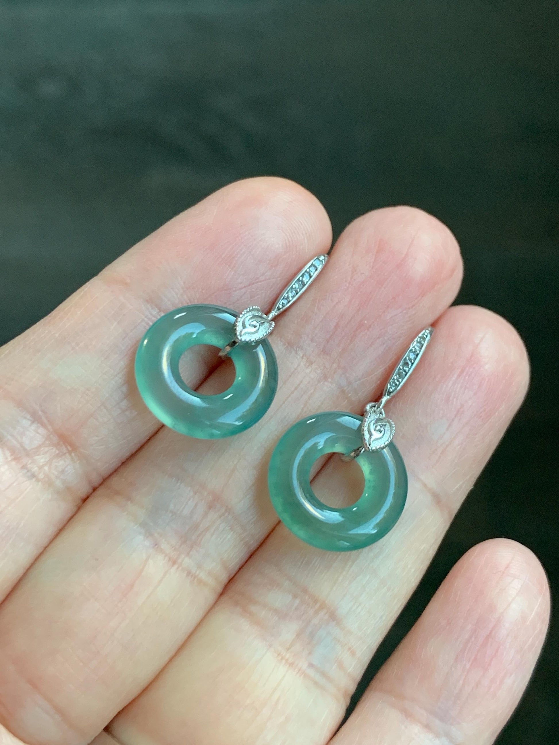 Natural Grade A Guatemalan Icy Translucent Teal Green Jade Jadeite Ping An Kou Donut Dangle Earrings Sterling Silver 天然冰危深蓝绿翡翠平安扣耳钩 WLL88
