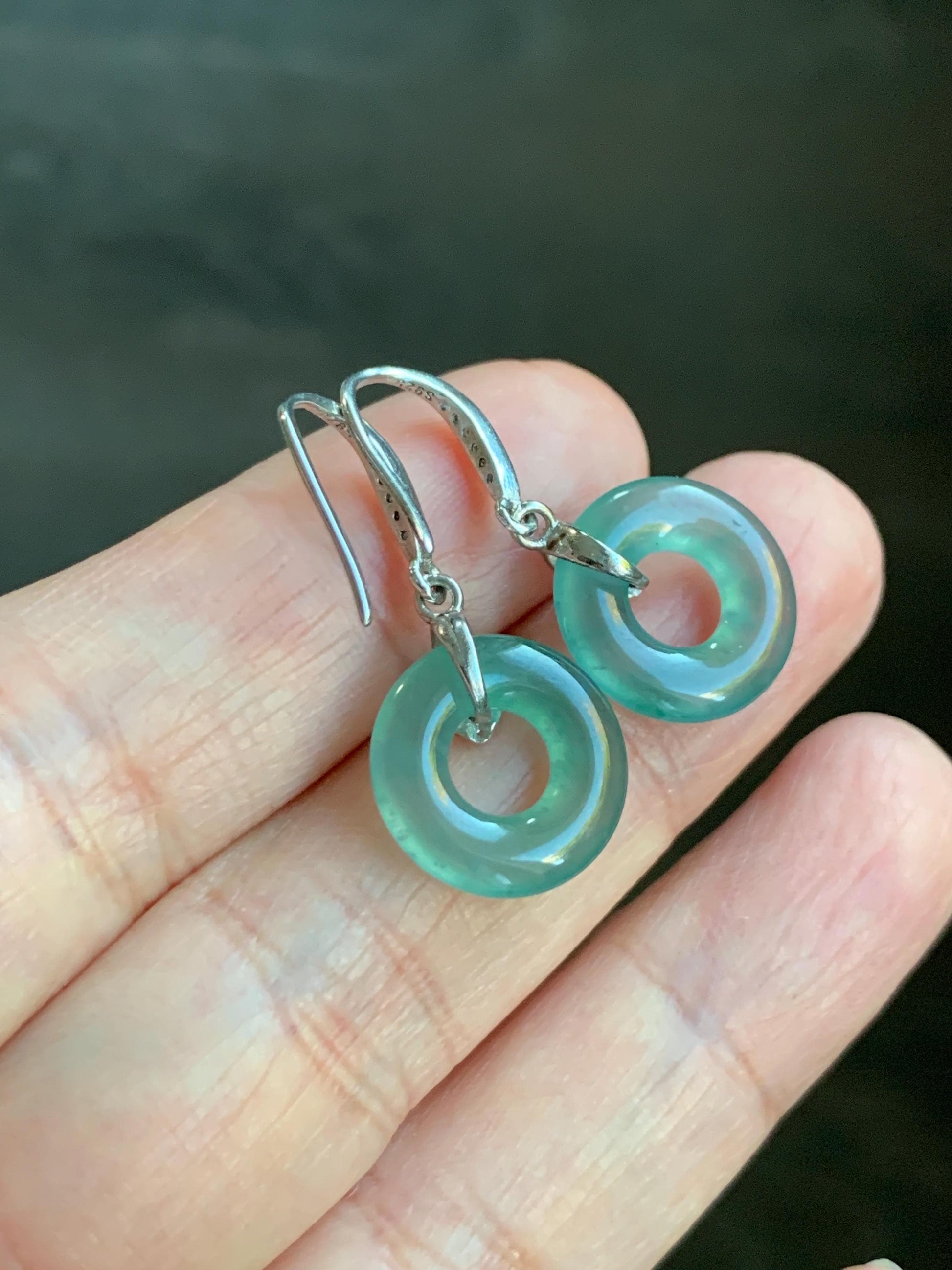 Natural Grade A Guatemalan Icy Translucent Teal Green Jade Jadeite Ping An Kou Donut Dangle Earrings Sterling Silver 天然冰危深蓝绿翡翠平安扣耳钩 WLL88