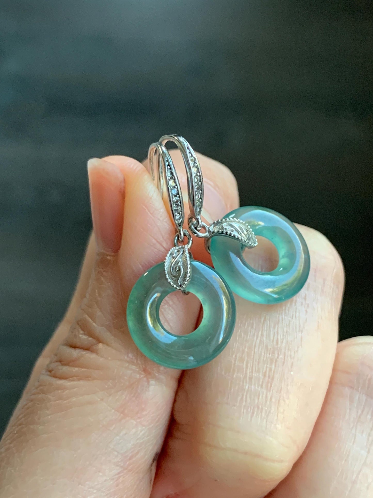 Natural Grade A Guatemalan Icy Translucent Teal Green Jade Jadeite Ping An Kou Donut Dangle Earrings Sterling Silver 天然冰危深蓝绿翡翠平安扣耳钩 WLL88