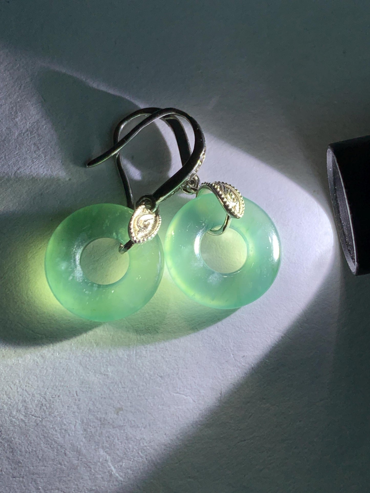 Natural Grade A Guatemalan Icy Translucent Teal Green Jade Jadeite Ping An Kou Donut Dangle Earrings Sterling Silver 天然冰危深蓝绿翡翠平安扣耳钩 WLL88