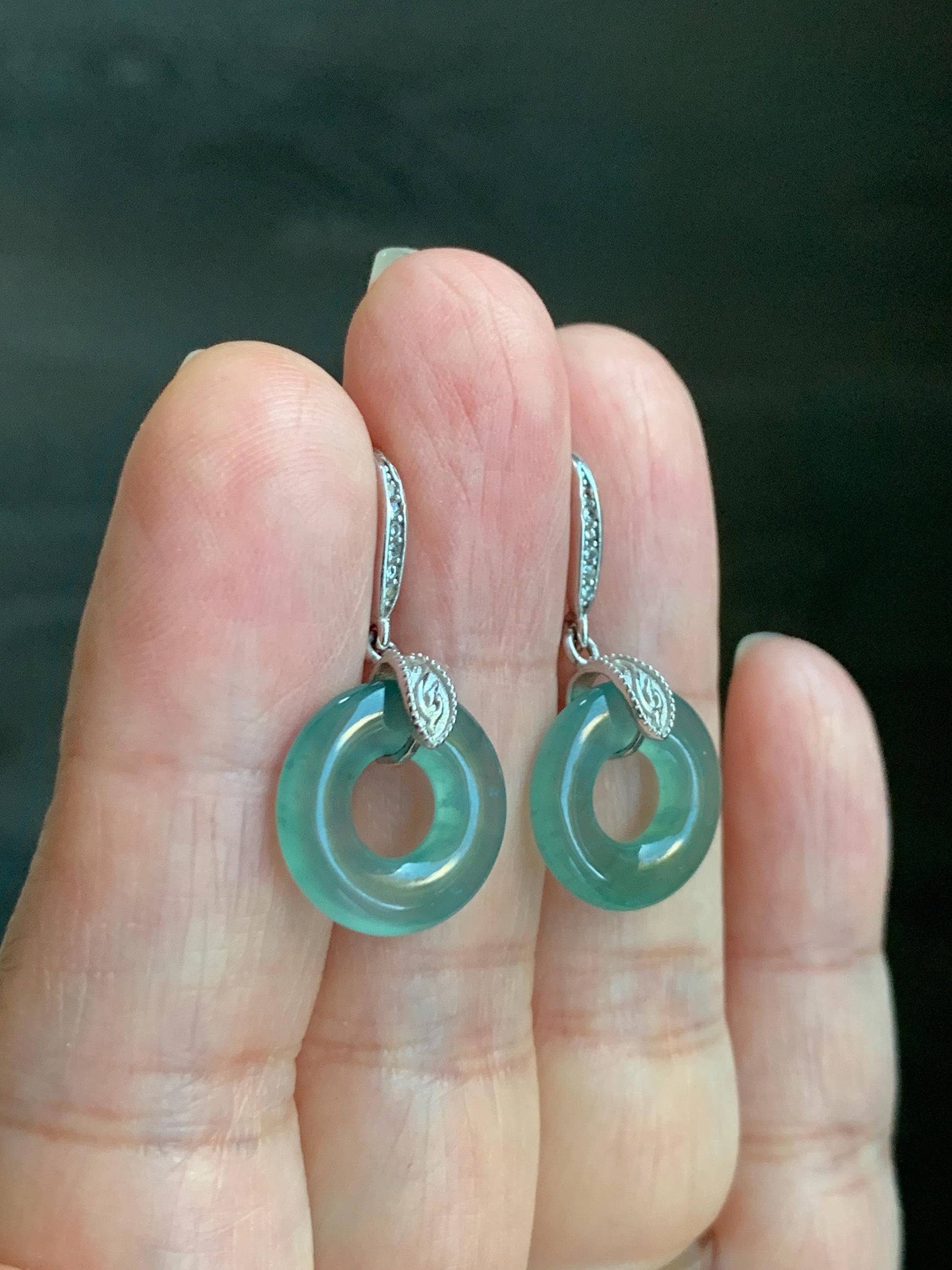 Natural Grade A Guatemalan Icy Translucent Teal Green Jade Jadeite Ping An Kou Donut Dangle Earrings Sterling Silver 天然冰危深蓝绿翡翠平安扣耳钩 WLL88