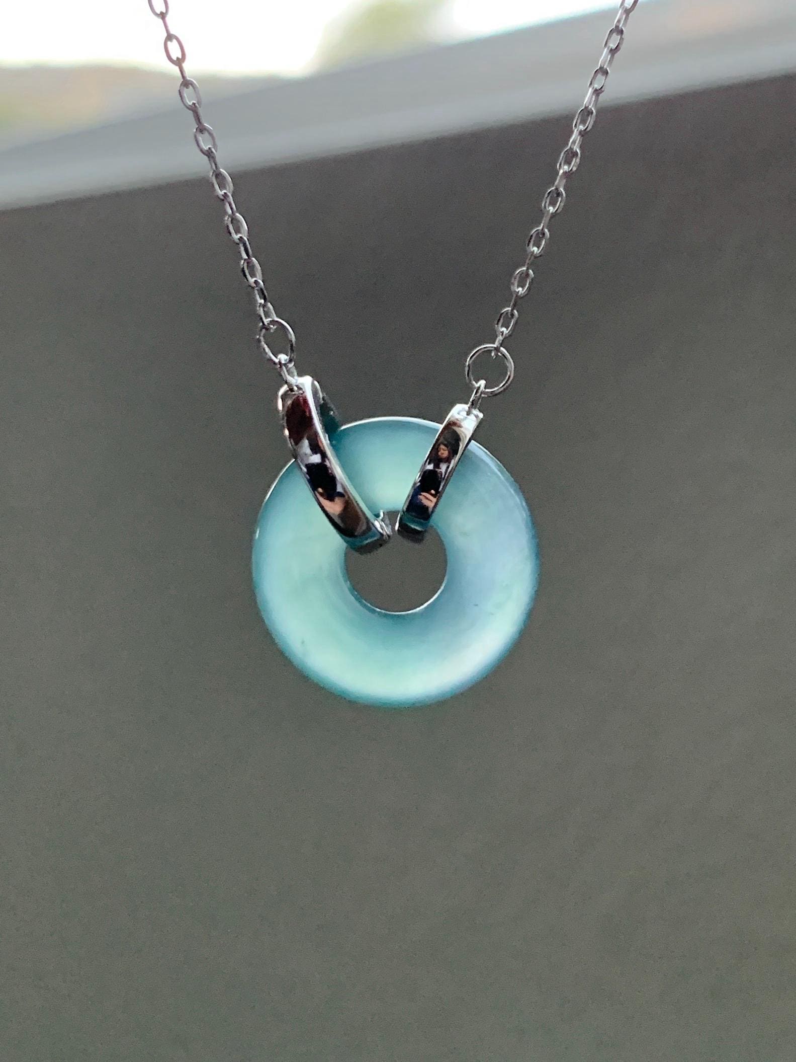 Natural Grade A Guatemalan Icy Translucent Dark Teal Blue Jade Jadeite Ping An Kou Donut Necklace Sterling Silver 天然冰危蓝翡翠平安扣锁骨链 PAL99