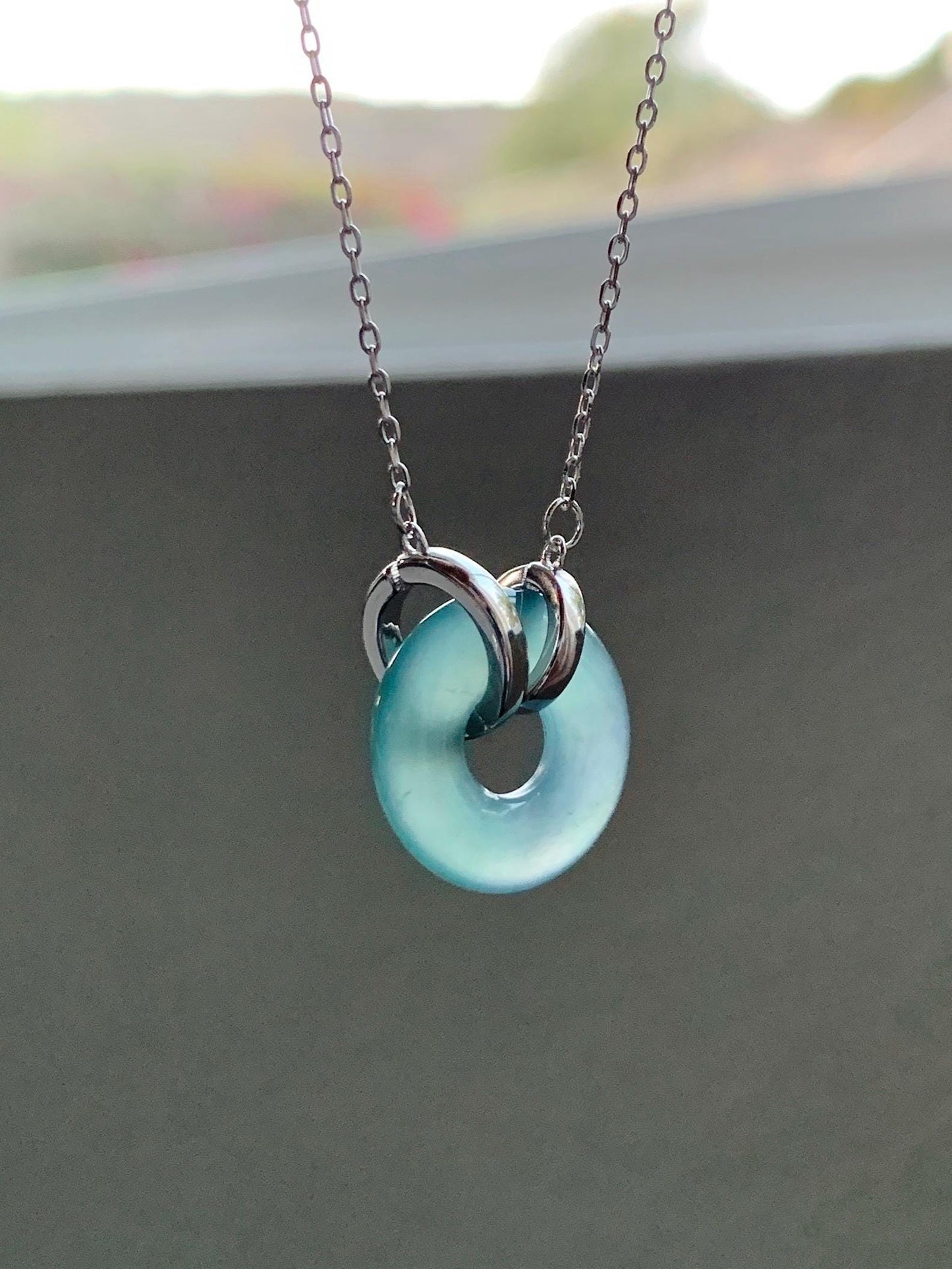 Natural Grade A Guatemalan Icy Translucent Dark Teal Blue Jade Jadeite Ping An Kou Donut Necklace Sterling Silver 天然冰危蓝翡翠平安扣锁骨链 PAL99