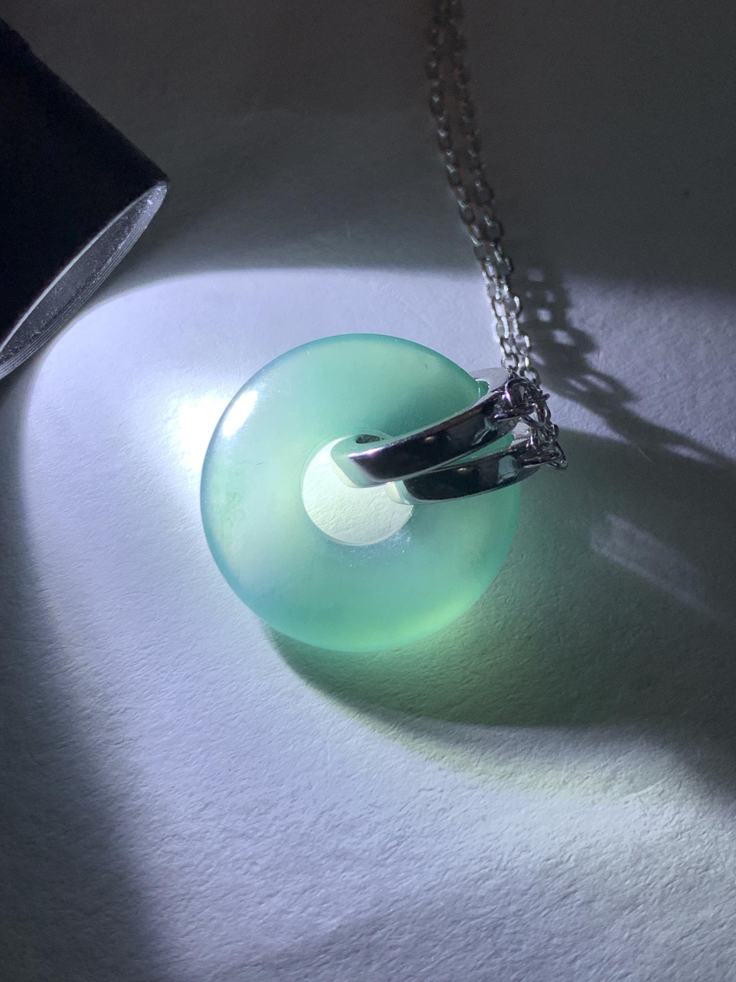 Natural Grade A Guatemalan Icy Translucent Dark Teal Blue Jade Jadeite Ping An Kou Donut Necklace Sterling Silver 天然冰危蓝翡翠平安扣锁骨链 PAL99