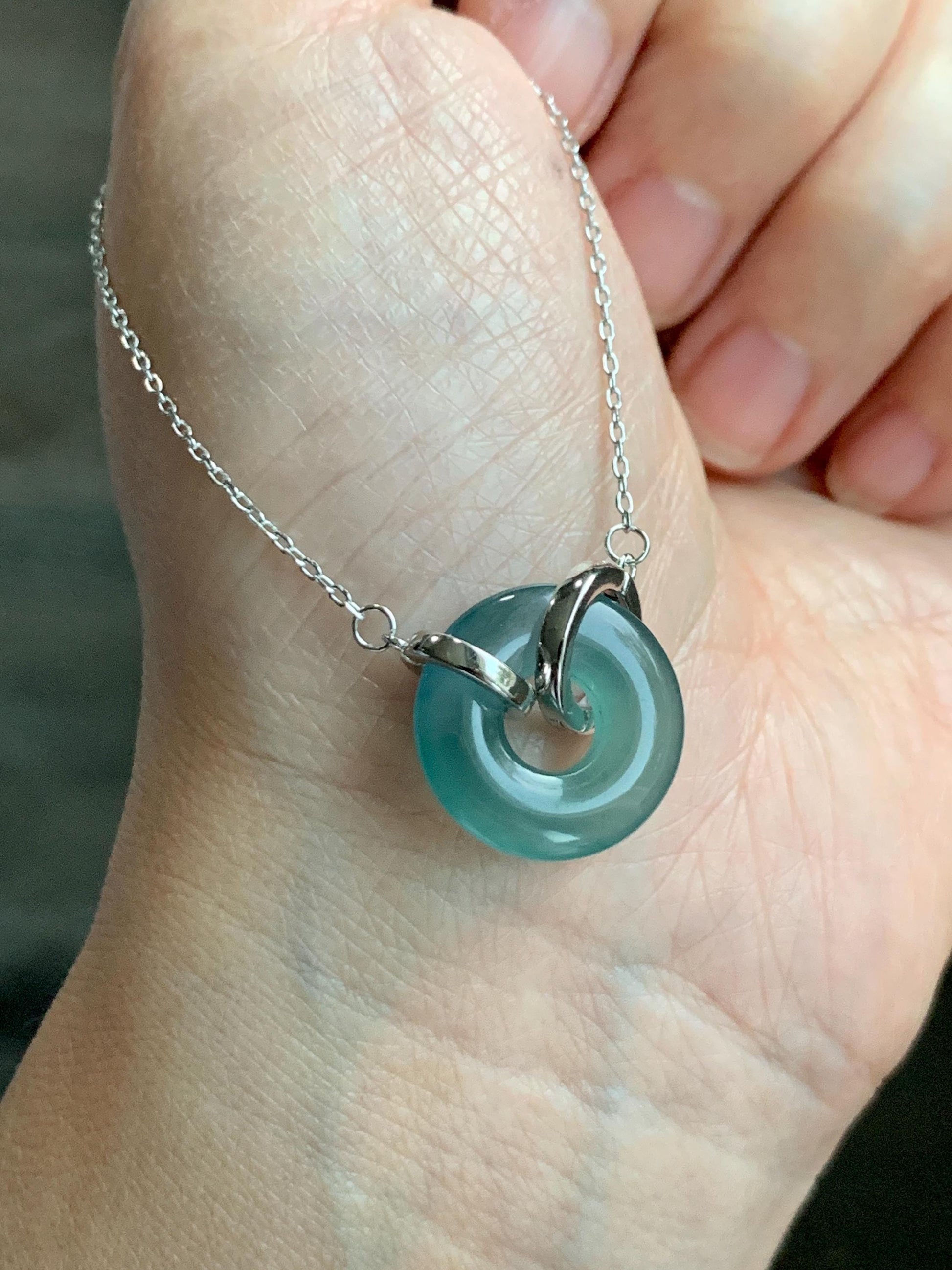 Natural Grade A Guatemalan Icy Translucent Dark Teal Blue Jade Jadeite Ping An Kou Donut Necklace Sterling Silver 天然冰危蓝翡翠平安扣锁骨链 PAL99