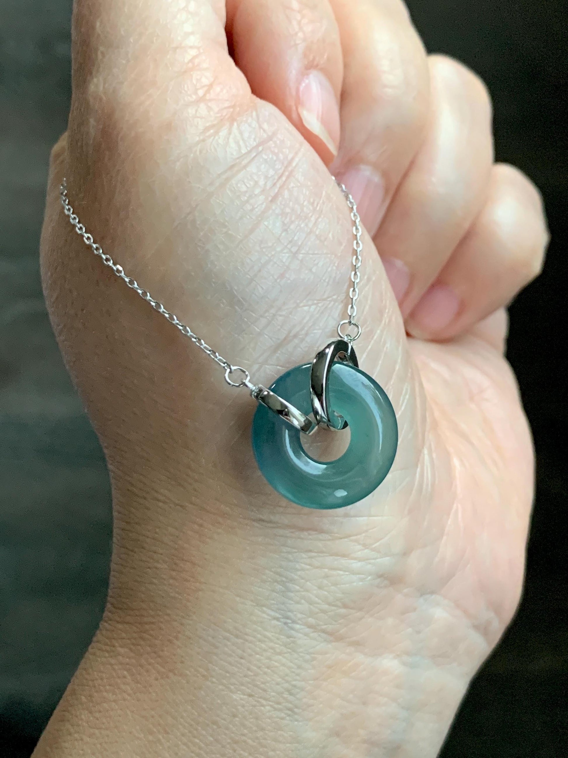 Natural Grade A Guatemalan Icy Translucent Dark Teal Blue Jade Jadeite Ping An Kou Donut Necklace Sterling Silver 天然冰危蓝翡翠平安扣锁骨链 PAL99