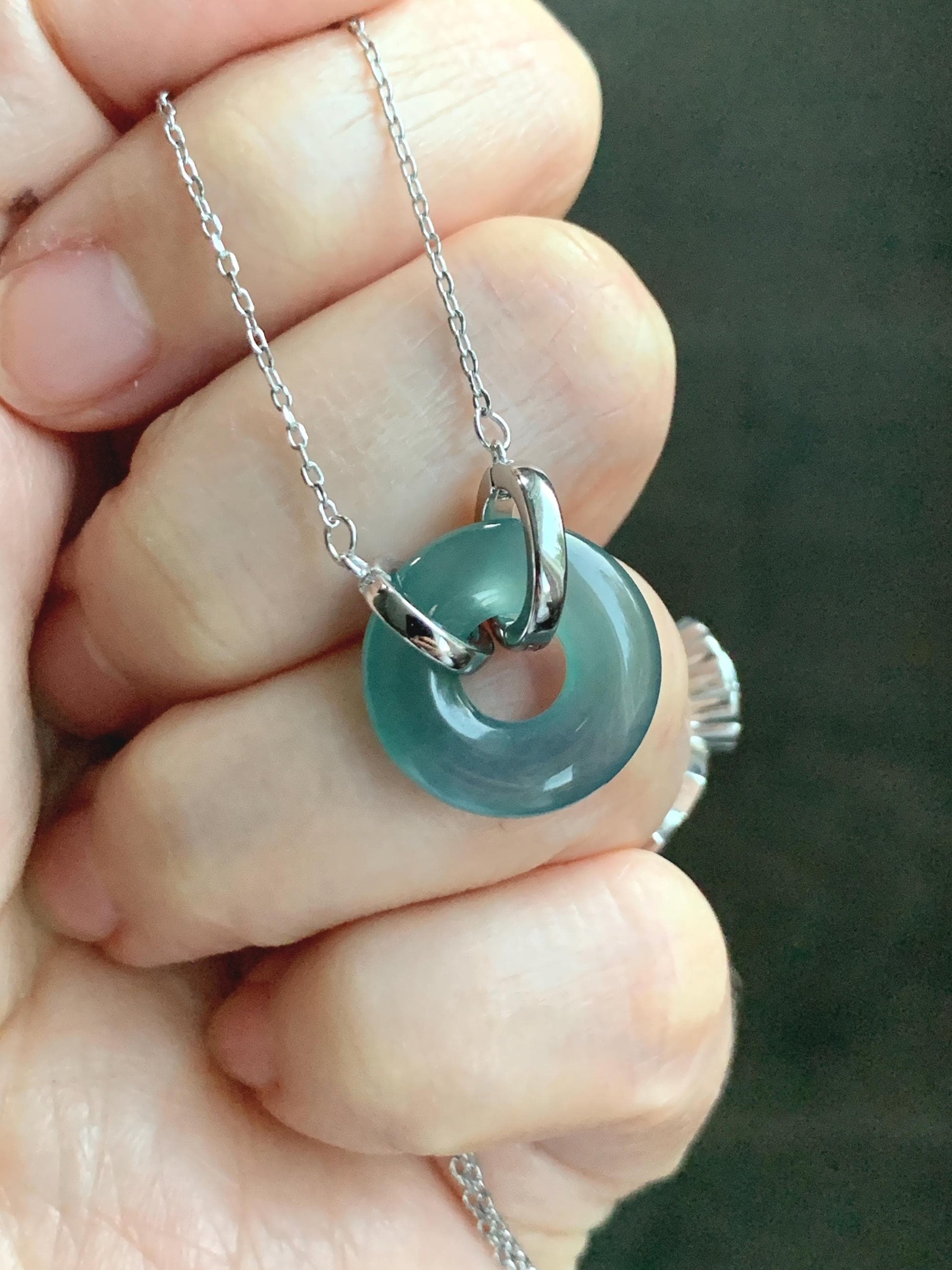 Natural Grade A Guatemalan Icy Translucent Dark Teal Blue Jade Jadeite Ping An Kou Donut Necklace Sterling Silver 天然冰危蓝翡翠平安扣锁骨链 PAL99