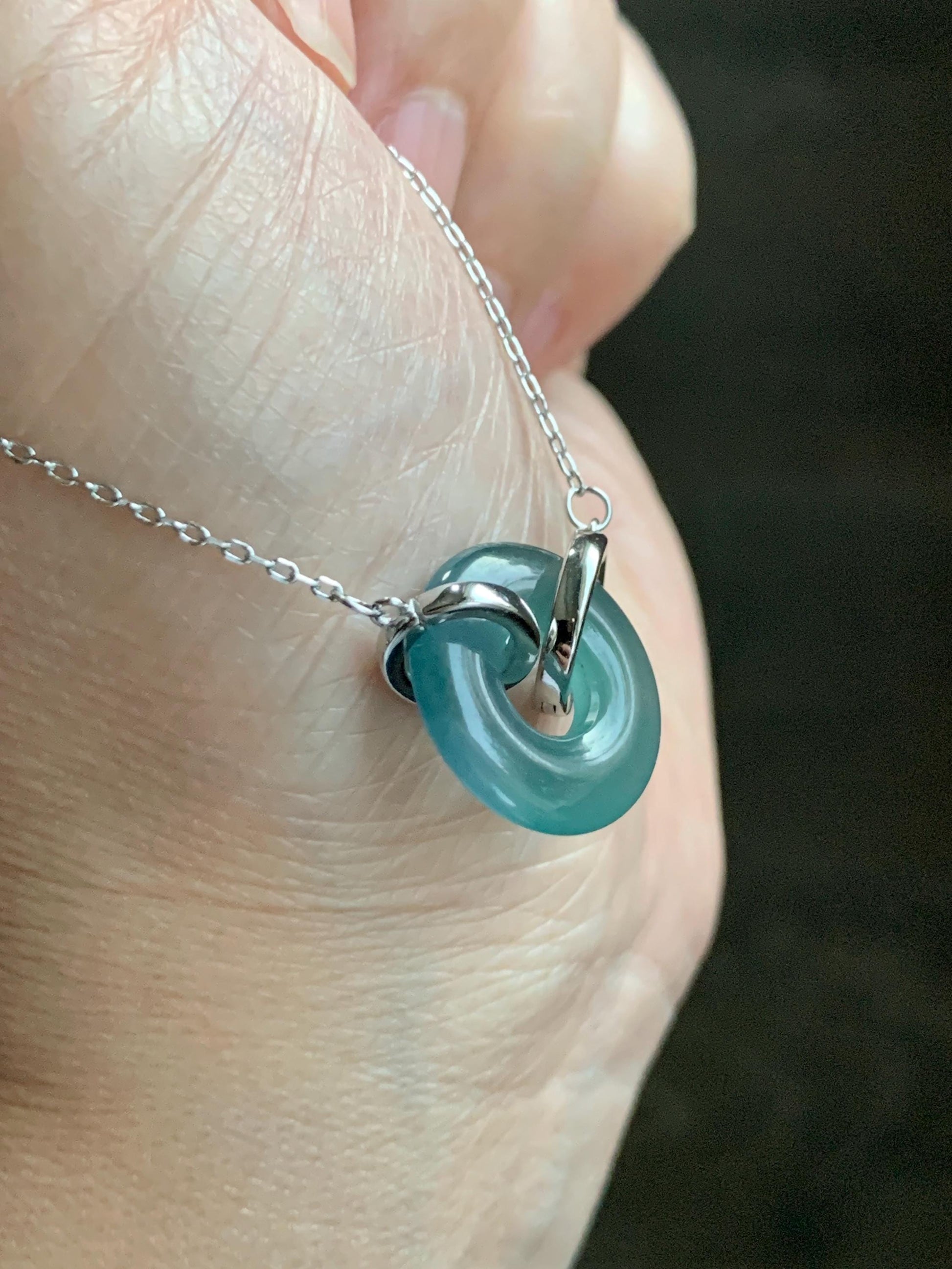 Natural Grade A Guatemalan Icy Translucent Dark Teal Blue Jade Jadeite Ping An Kou Donut Necklace Sterling Silver 天然冰危蓝翡翠平安扣锁骨链 PAL99