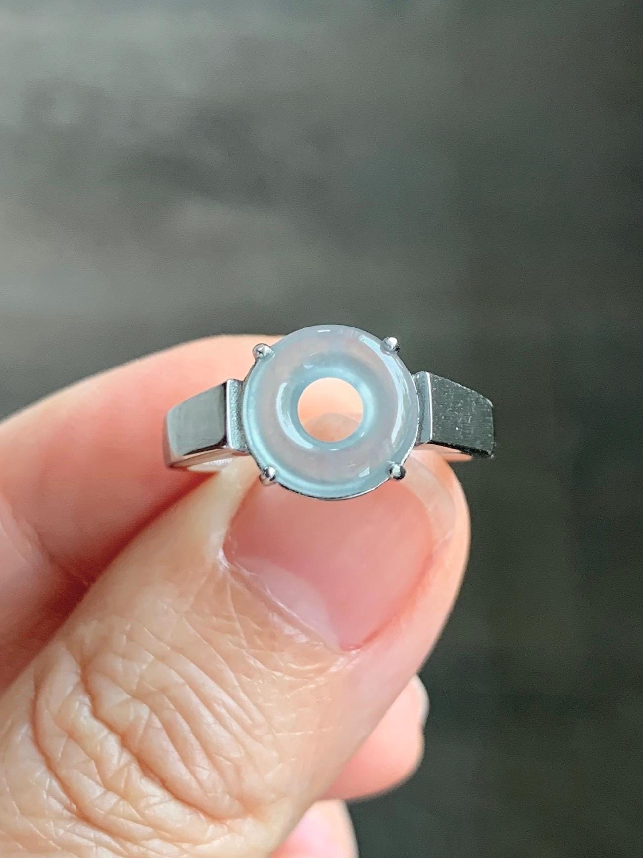 Natural Type A Guatemalan Icy Translucent Pastel Blue Jade Jadeite Donut Ping An Kou Ring Sterling Silver Size Adjustable 天然冰危浅蓝翡翠平安扣戒指OZJ66