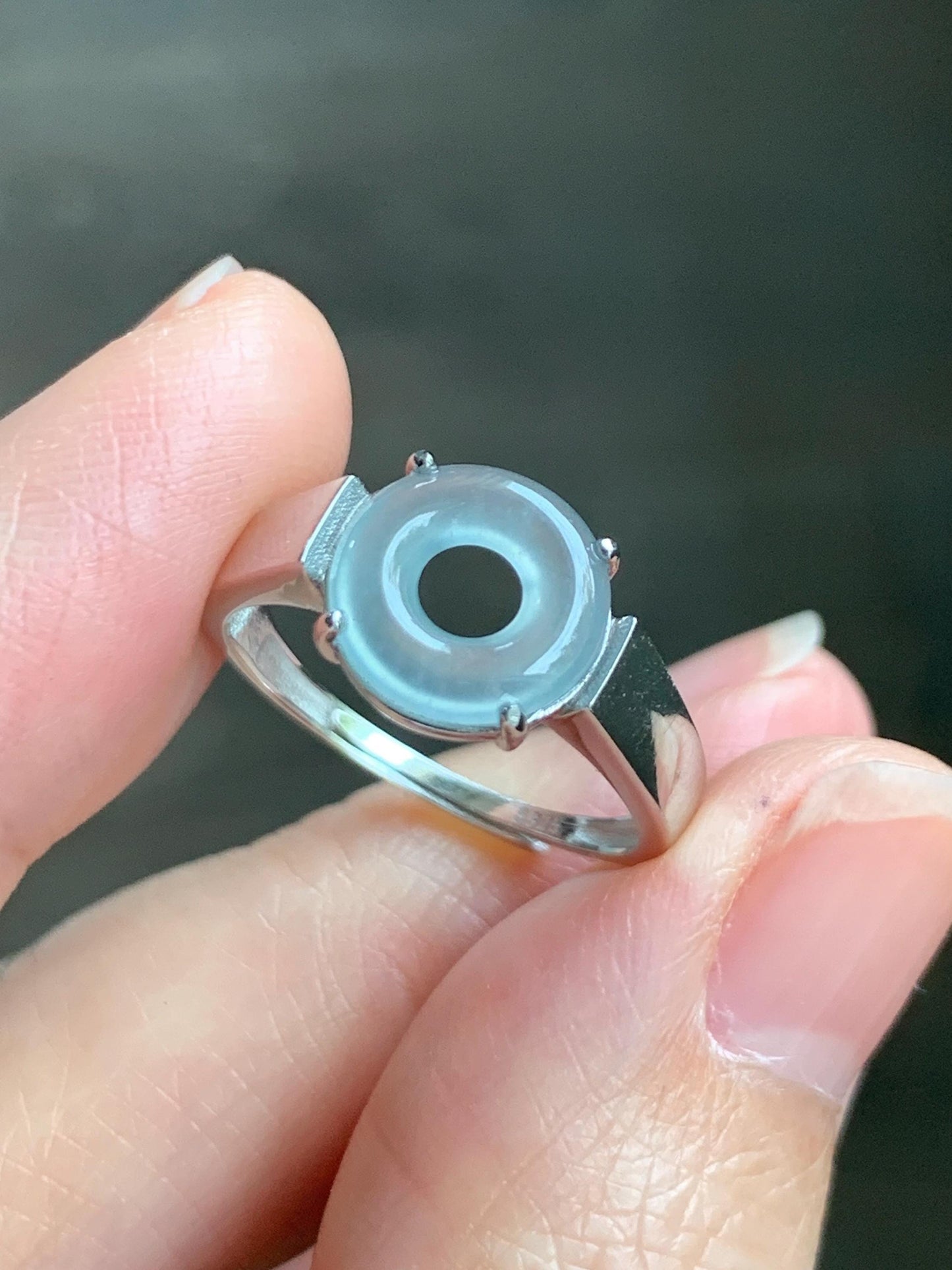 Natural Type A Guatemalan Icy Translucent Pastel Blue Jade Jadeite Donut Ping An Kou Ring Sterling Silver Size Adjustable 天然冰危浅蓝翡翠平安扣戒指OZJ66