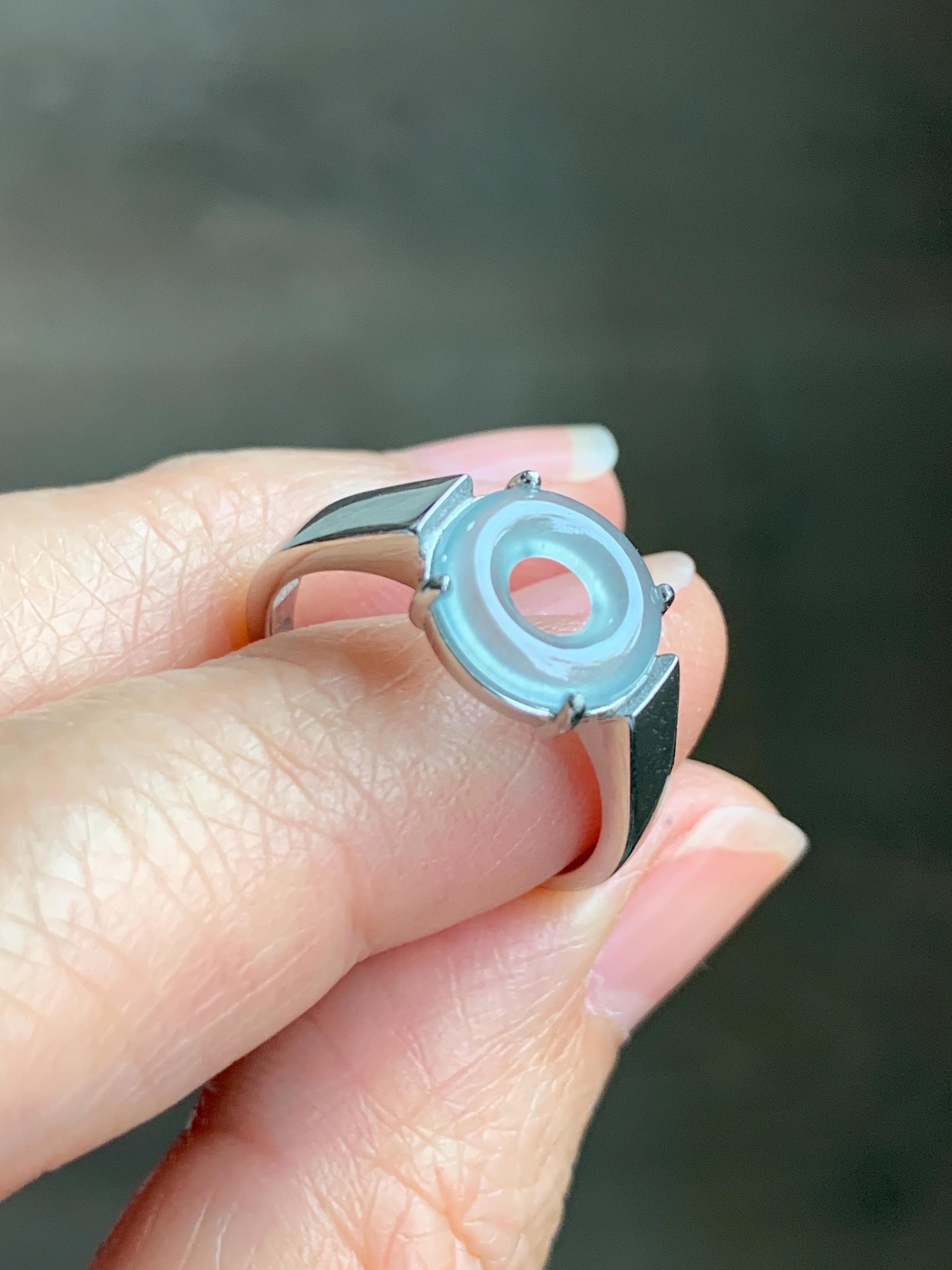 Natural Type A Guatemalan Icy Translucent Pastel Blue Jade Jadeite Donut Ping An Kou Ring Sterling Silver Size Adjustable 天然冰危浅蓝翡翠平安扣戒指OZJ66