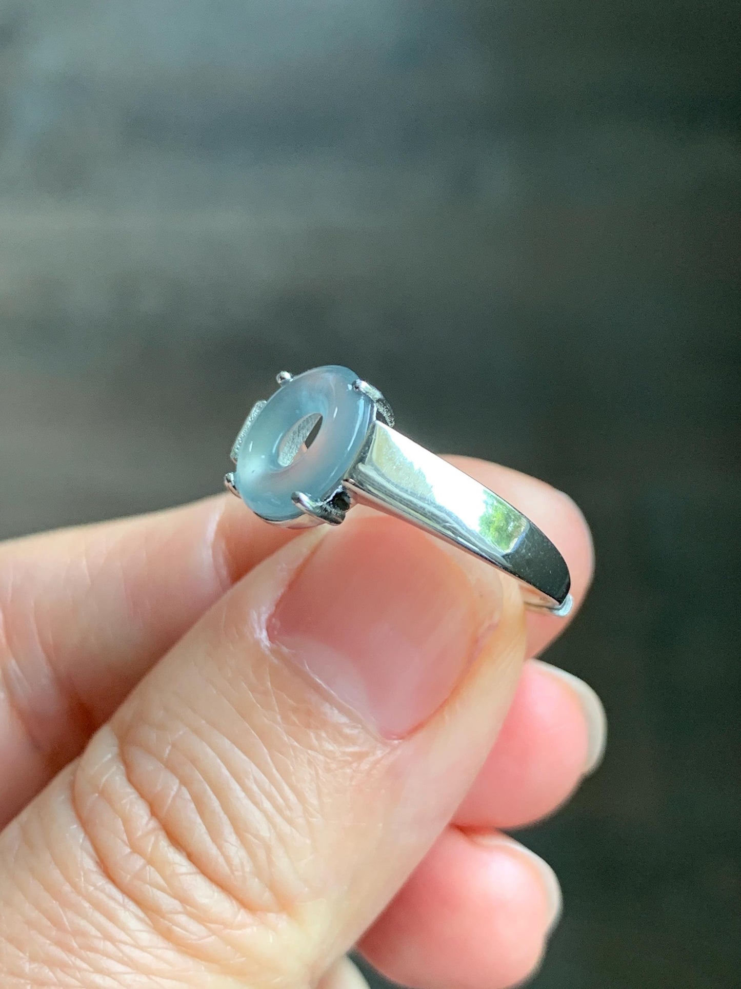Natural Type A Guatemalan Icy Translucent Pastel Blue Jade Jadeite Donut Ping An Kou Ring Sterling Silver Size Adjustable 天然冰危浅蓝翡翠平安扣戒指OZJ66