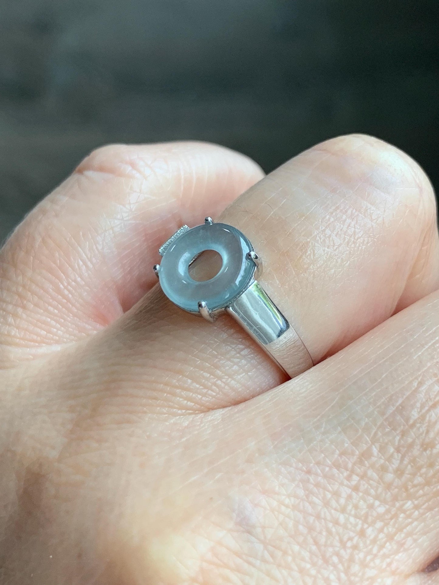 Natural Type A Guatemalan Icy Translucent Pastel Blue Jade Jadeite Donut Ping An Kou Ring Sterling Silver Size Adjustable 天然冰危浅蓝翡翠平安扣戒指OZJ66
