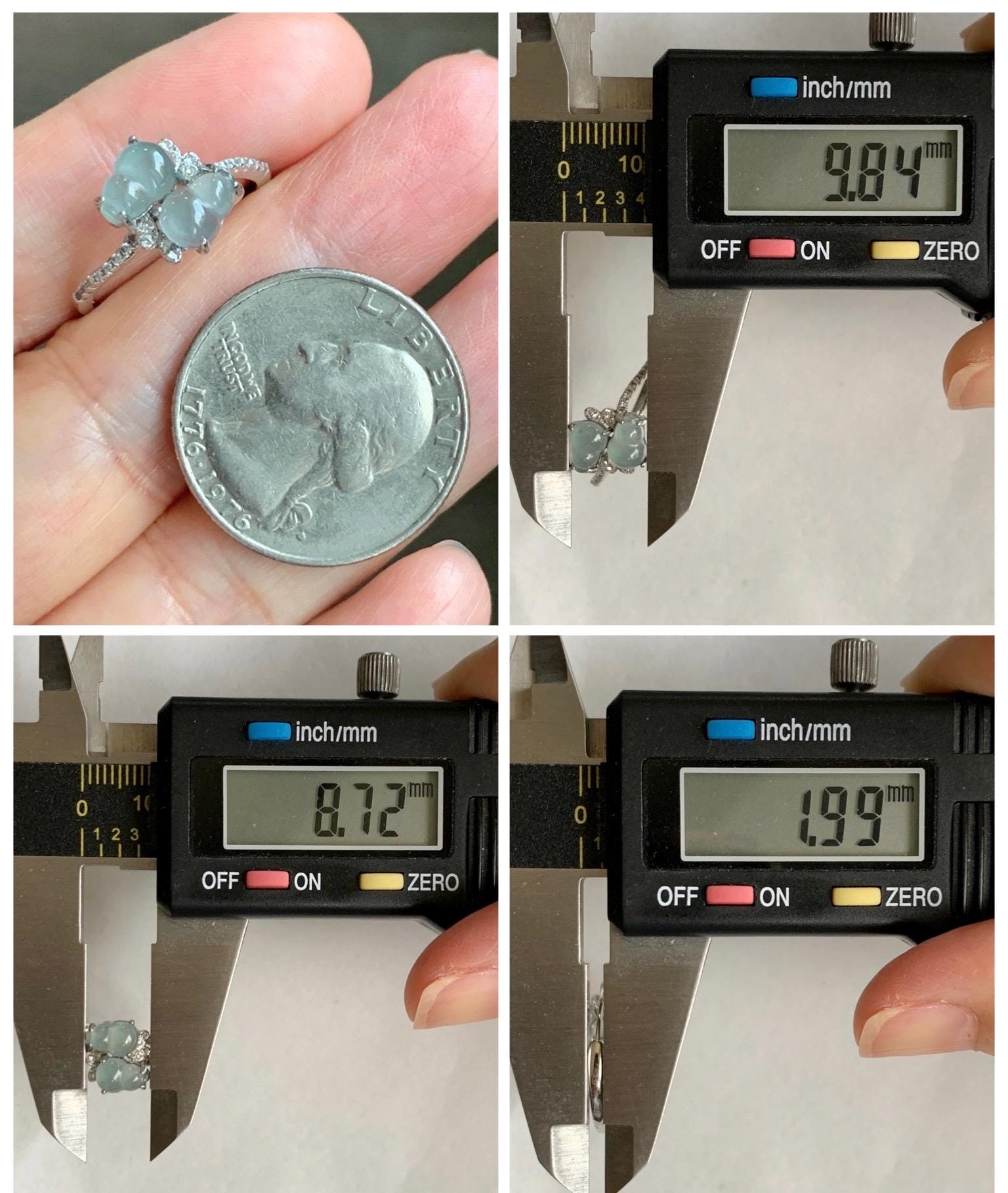 Natural Grade A Guatemalan Icy Translucent Pastel Blue Jade Jadeite Gourd Hulu Ring Sterling Silver Size 6 Adjustable 天然冰危淡蓝翡翠双葫芦戒指 SHL88