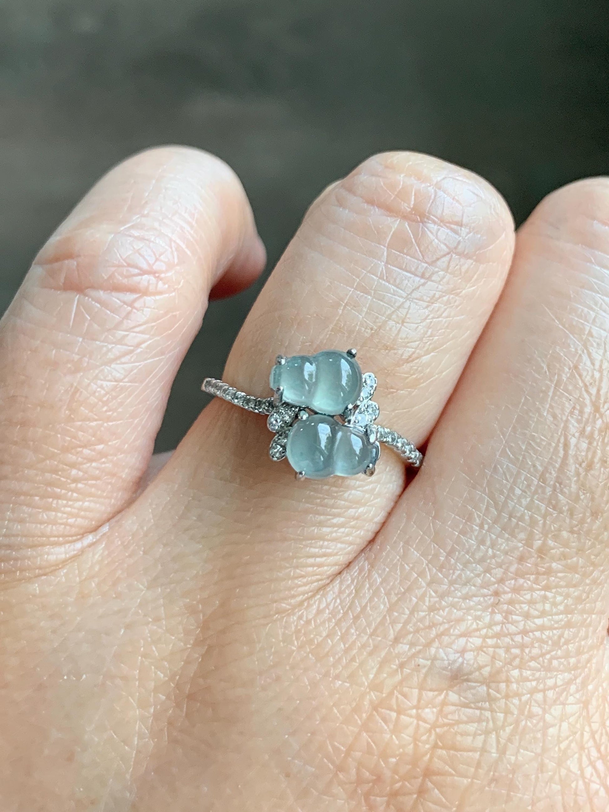 Natural Grade A Guatemalan Icy Translucent Pastel Blue Jade Jadeite Gourd Hulu Ring Sterling Silver Size 6 Adjustable 天然冰危淡蓝翡翠双葫芦戒指 SHL88