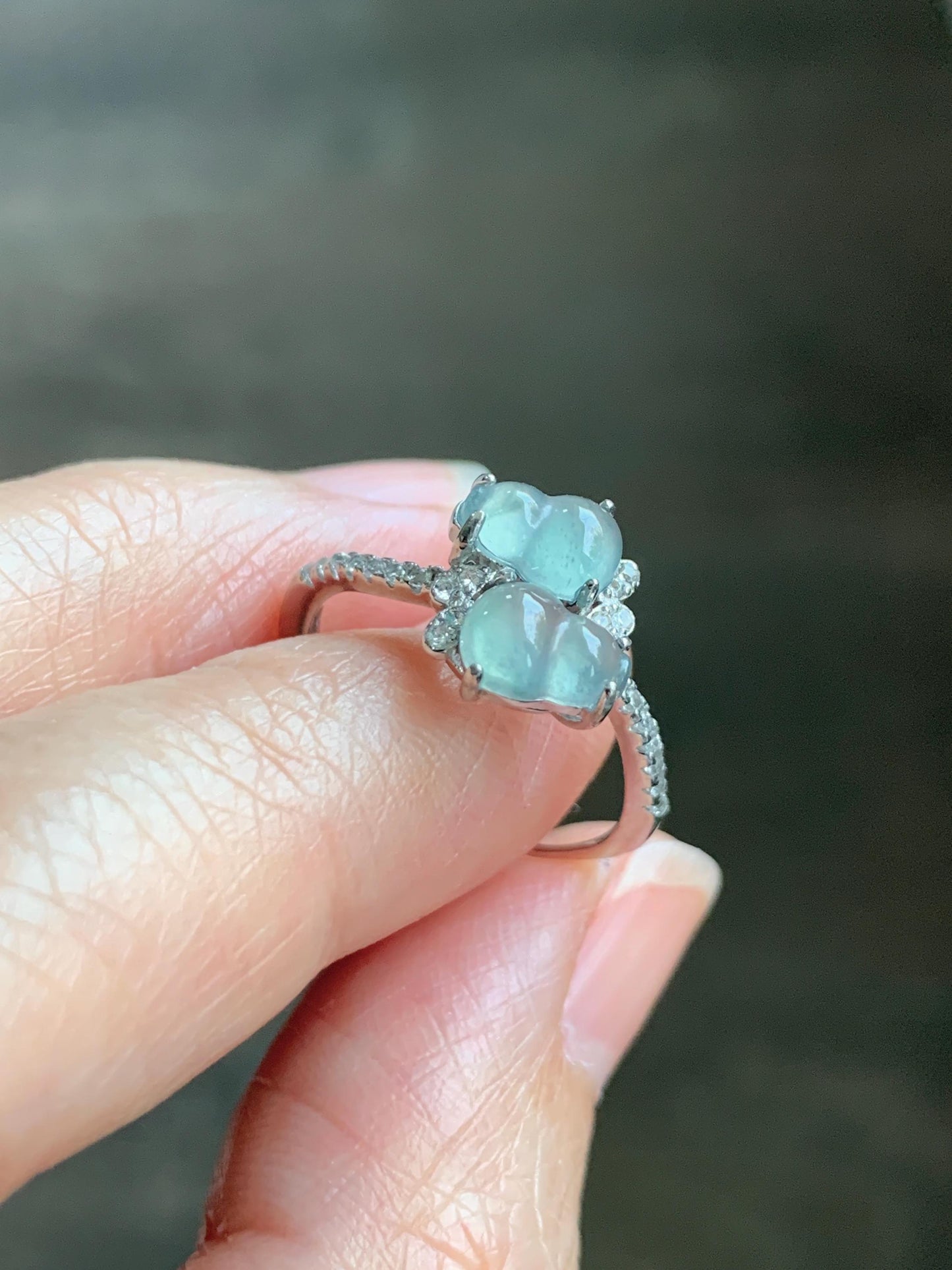 Natural Grade A Guatemalan Icy Translucent Pastel Blue Jade Jadeite Gourd Hulu Ring Sterling Silver Size 6 Adjustable 天然冰危淡蓝翡翠双葫芦戒指 SHL88