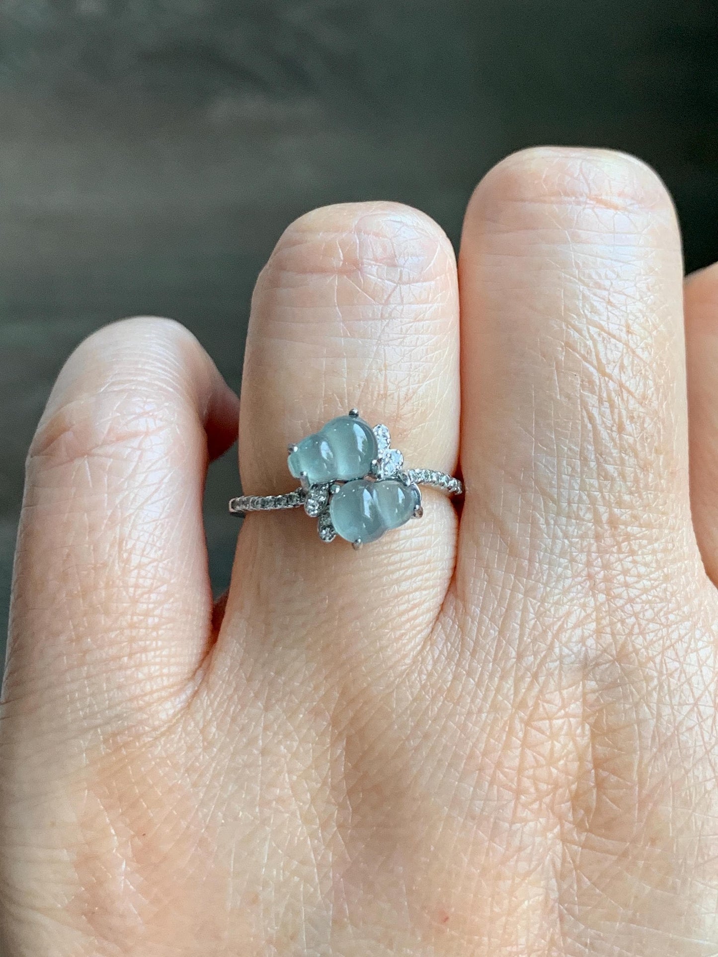 Natural Grade A Guatemalan Icy Translucent Pastel Blue Jade Jadeite Gourd Hulu Ring Sterling Silver Size 6 Adjustable 天然冰危淡蓝翡翠双葫芦戒指 SHL88