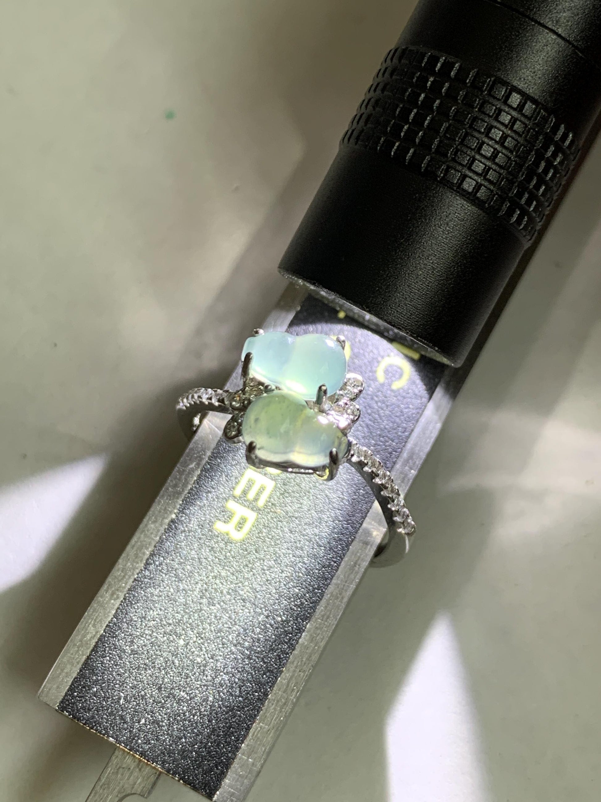 Natural Grade A Guatemalan Icy Translucent Pastel Blue Jade Jadeite Gourd Hulu Ring Sterling Silver Size 6 Adjustable 天然冰危淡蓝翡翠双葫芦戒指 SHL88