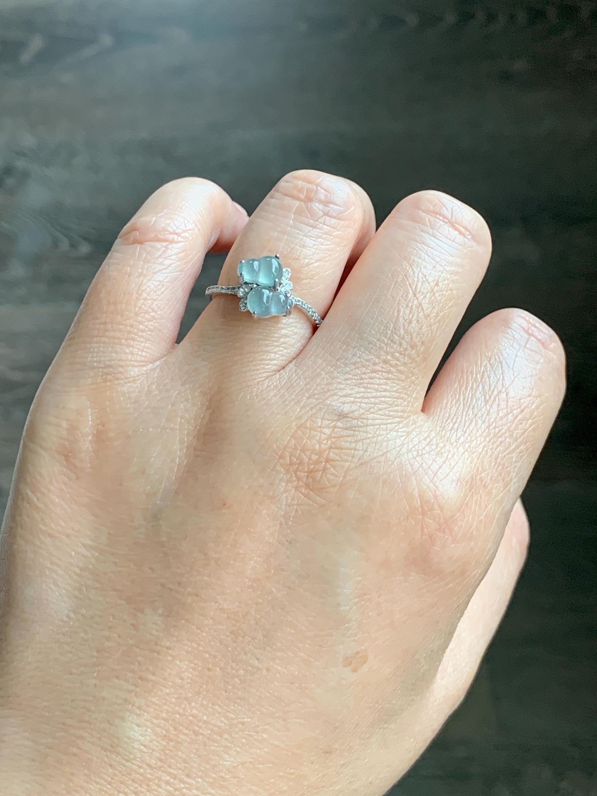 Natural Grade A Guatemalan Icy Translucent Pastel Blue Jade Jadeite Gourd Hulu Ring Sterling Silver Size 6 Adjustable 天然冰危淡蓝翡翠双葫芦戒指 SHL88