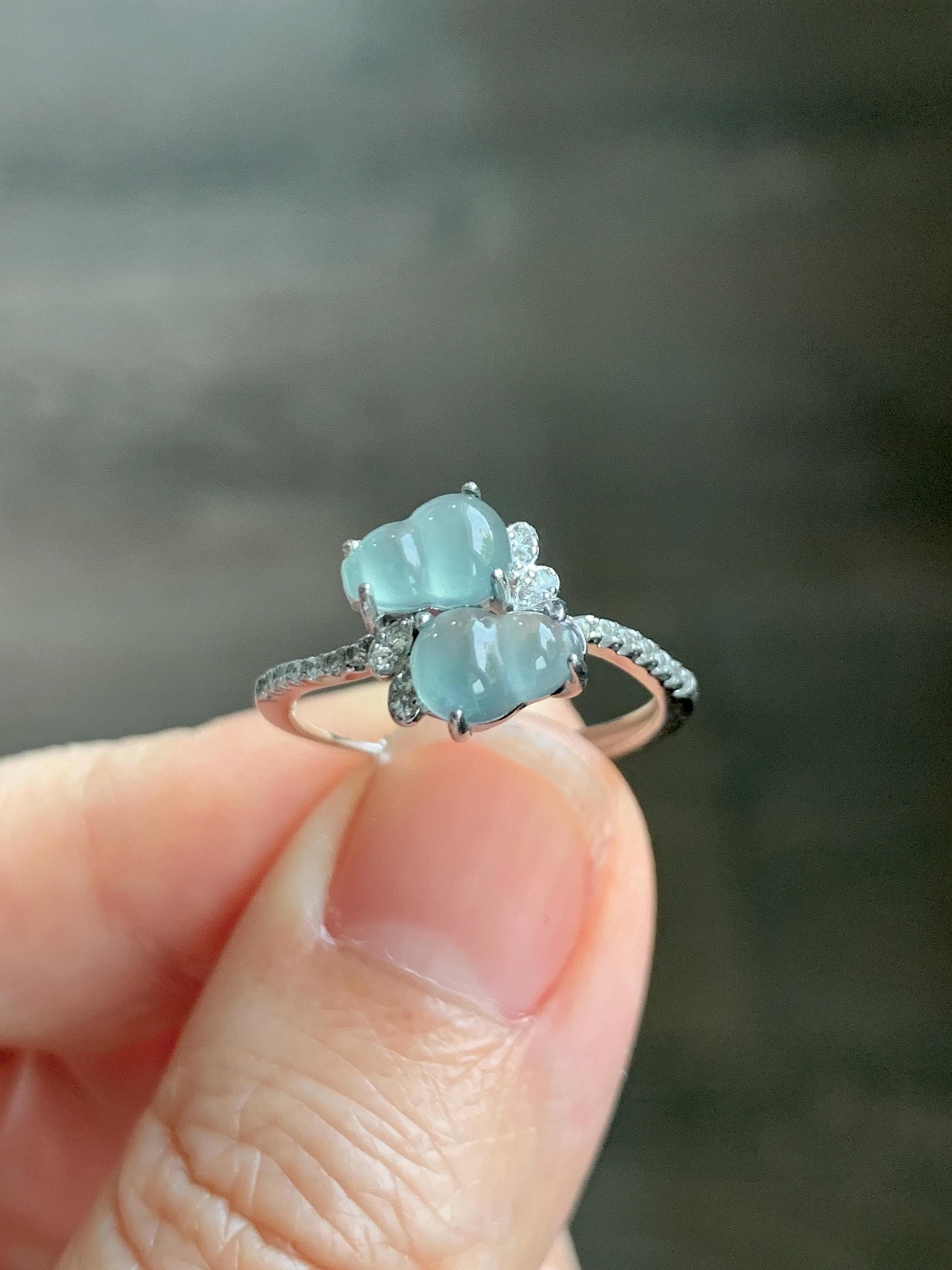 Natural Grade A Guatemalan Icy Translucent Pastel Blue Jade Jadeite Gourd Hulu Ring Sterling Silver Size 6 Adjustable 天然冰危淡蓝翡翠双葫芦戒指 SHL88
