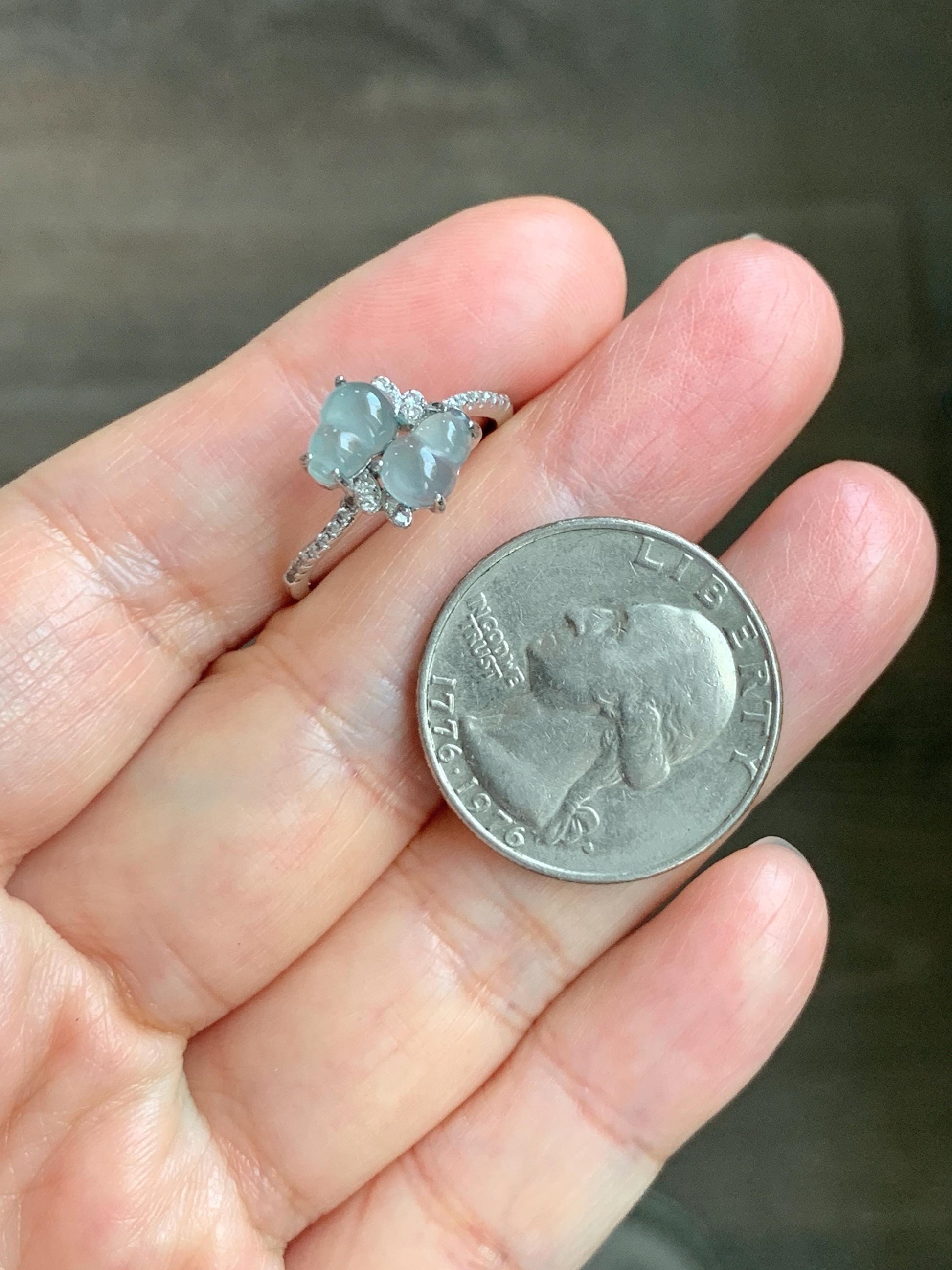 Natural Grade A Guatemalan Icy Translucent Pastel Blue Jade Jadeite Gourd Hulu Ring Sterling Silver Size 6 Adjustable 天然冰危淡蓝翡翠双葫芦戒指 SHL88